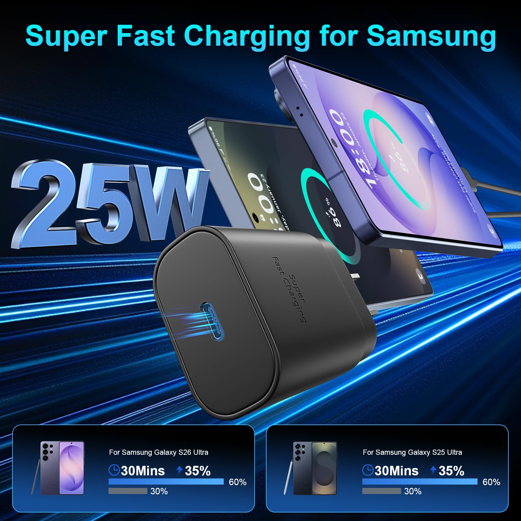 Vilive Super Fast Charger Type C, 25W USB C Wall Charger Fast Charging for Samsung Galaxy S26 Ultra/S26/S26+/S25 Ultra/S25/24 Ultra/S24/S23 Ultra/S22 Ultra with 10FT Long Android Type C Charger Cable 2Pack in use