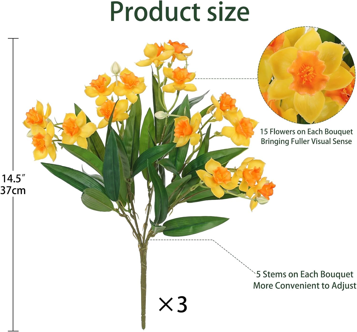 15" Artificial Daffodil Bouquets Set of 3, Faux Narcissus Flowers with Green Leaves & Unbloomed Buds, Fake Yellow Flowers for Home & Office Decor (Vase Not Included) - Image 3