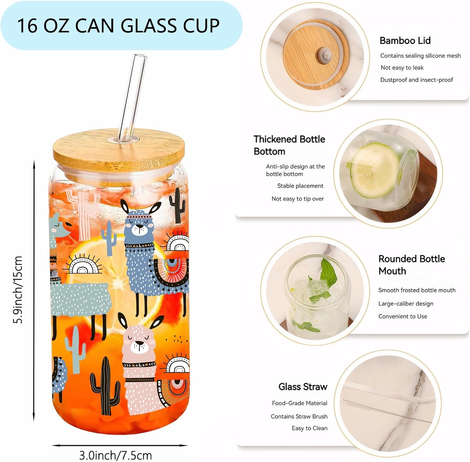 Alpaca Llama Drinking Glass Cup 16 Oz with Bamboo Lid and Straws, Iced Coffee Beer Cocktail Glass Tumbler, Holiday Christmas Birthday Gift for Dad Mom Sister Friends Bestie - Image 3