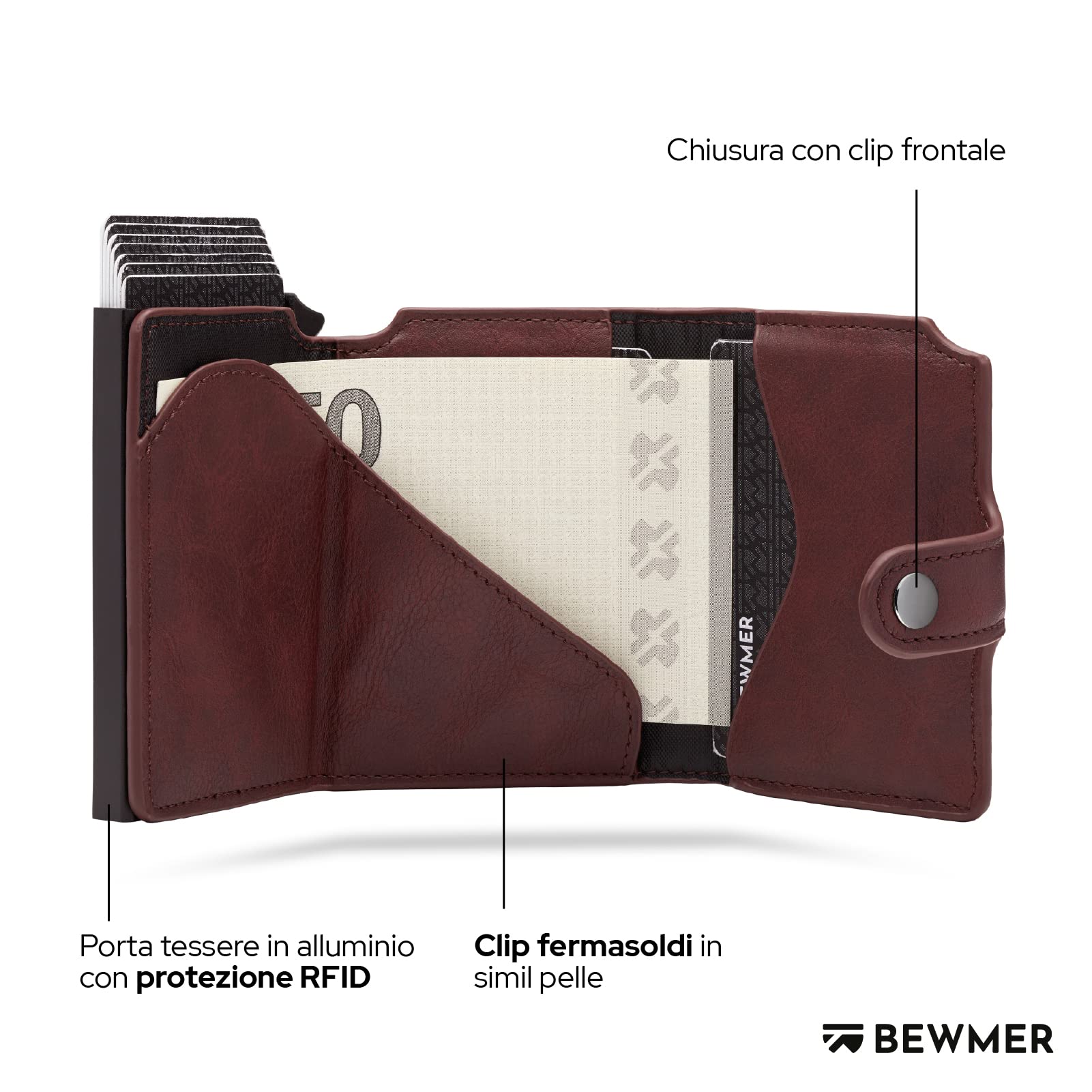 BEWMER Porta Carte di Credito 2 | Portafoglio Slim da Uomo e Donna con Rfid Protection Anticlonazione | Porta Tessere e Soldi con Portamonete