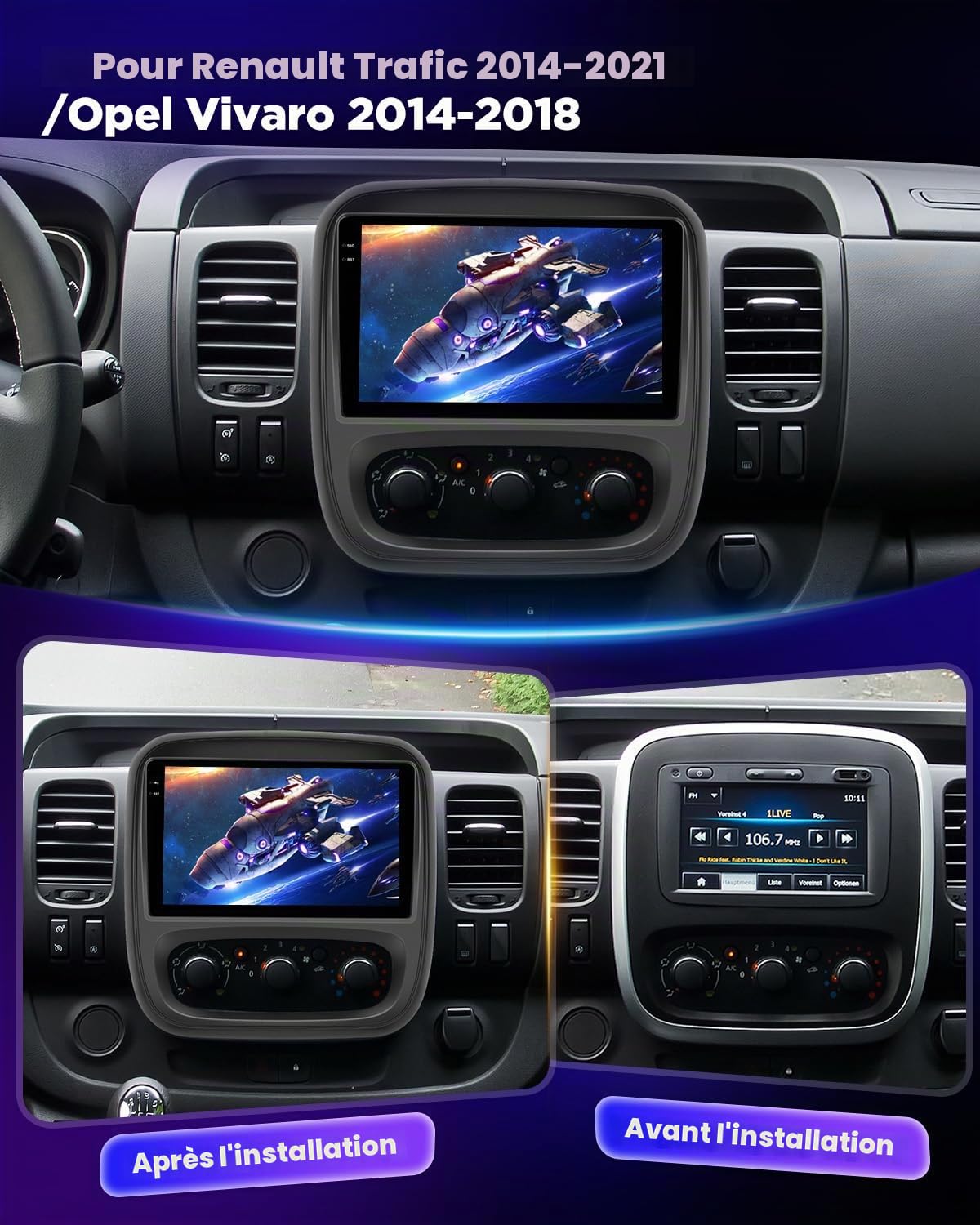 NHOPEEW Autoradio 4+64G Android pour Renault Trafic 2014-2021/Opel Vivaro 2014-2018 avec Carplay et Android Auto - Écran incell 9 Pouces Prise en Charge WiFi GPS Commandes au Volant + Caméra de recul