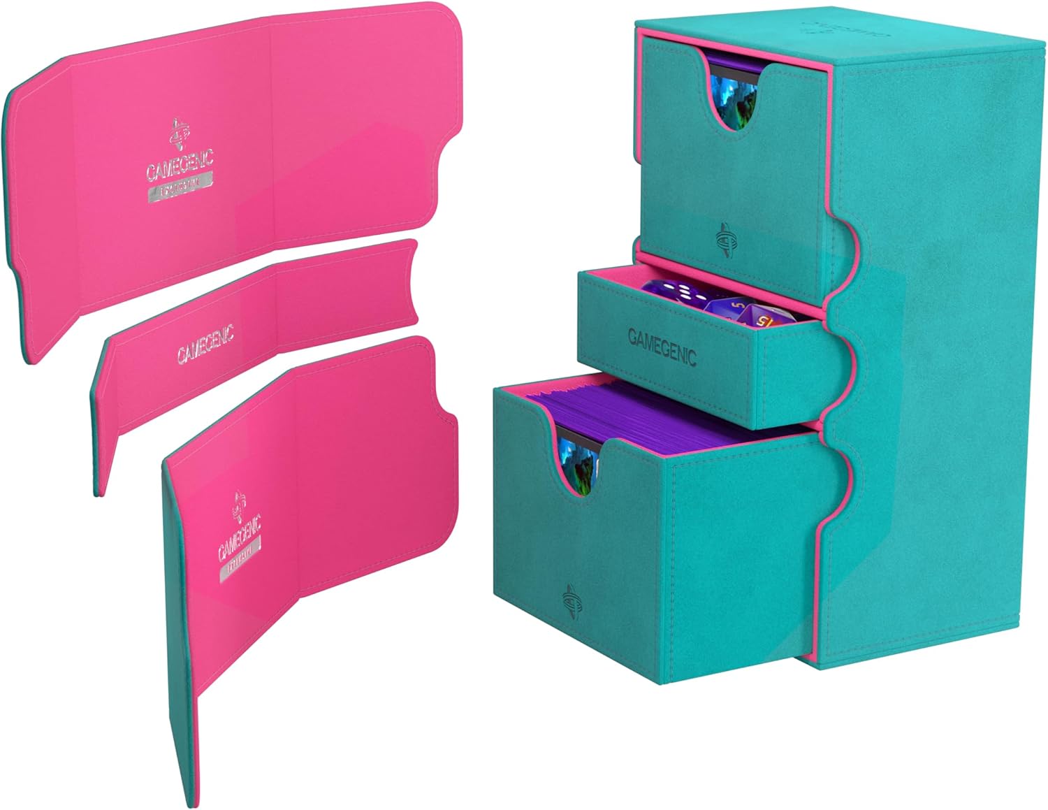 Gamegenic Stronghold 200+ XL Convertible Deck Box - Double-Sleeved Card Storage, Holds up to 200 Cards, Card Game Protector with Accessories Drawer, Nexofyber Surface, Teal/Pink Color, Made