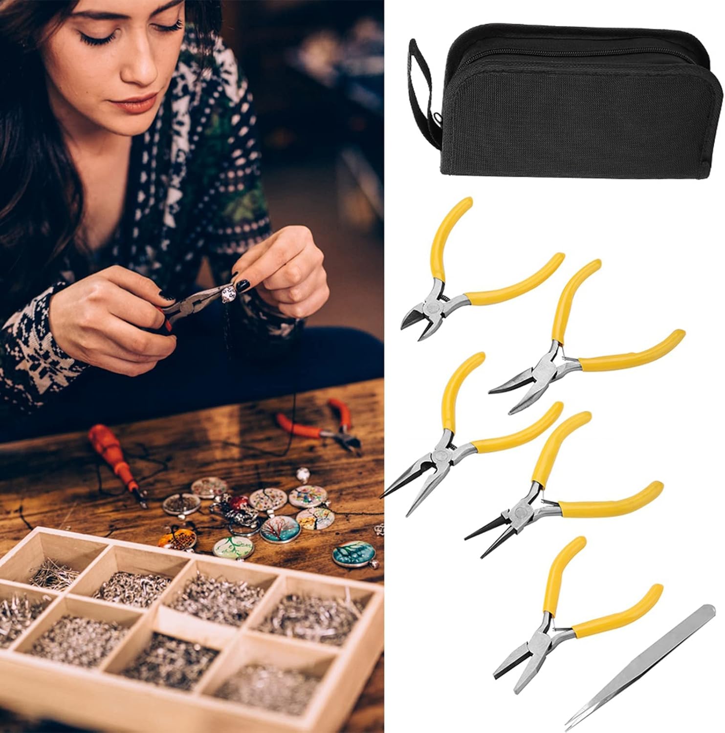 Jewelry Pliers, 5pcs Professional Jewelry Tools Kit Round Bent Nose Beading Making Beading, Wire, or Repairs
