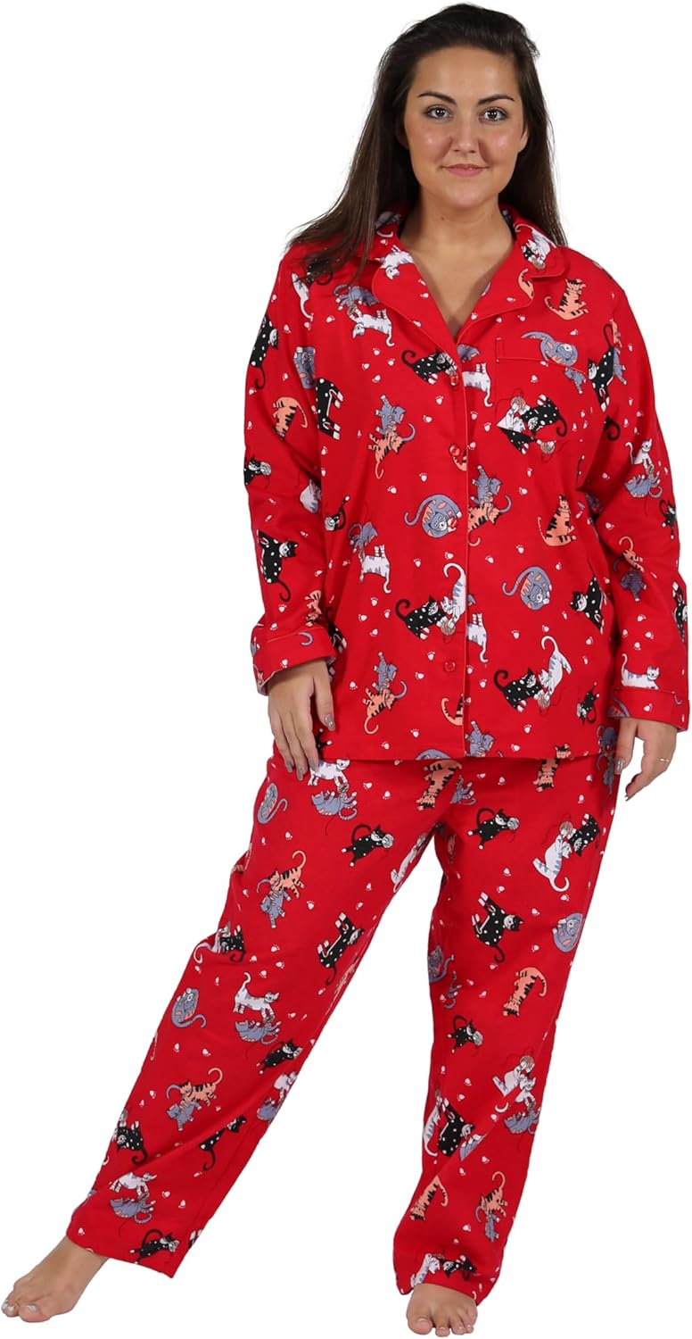 LA CERA Women's Cotton Lace Trimmed Cotton Flannel Pajama Set, 100% Cotton, Full Button Front Top, Long Sleeves