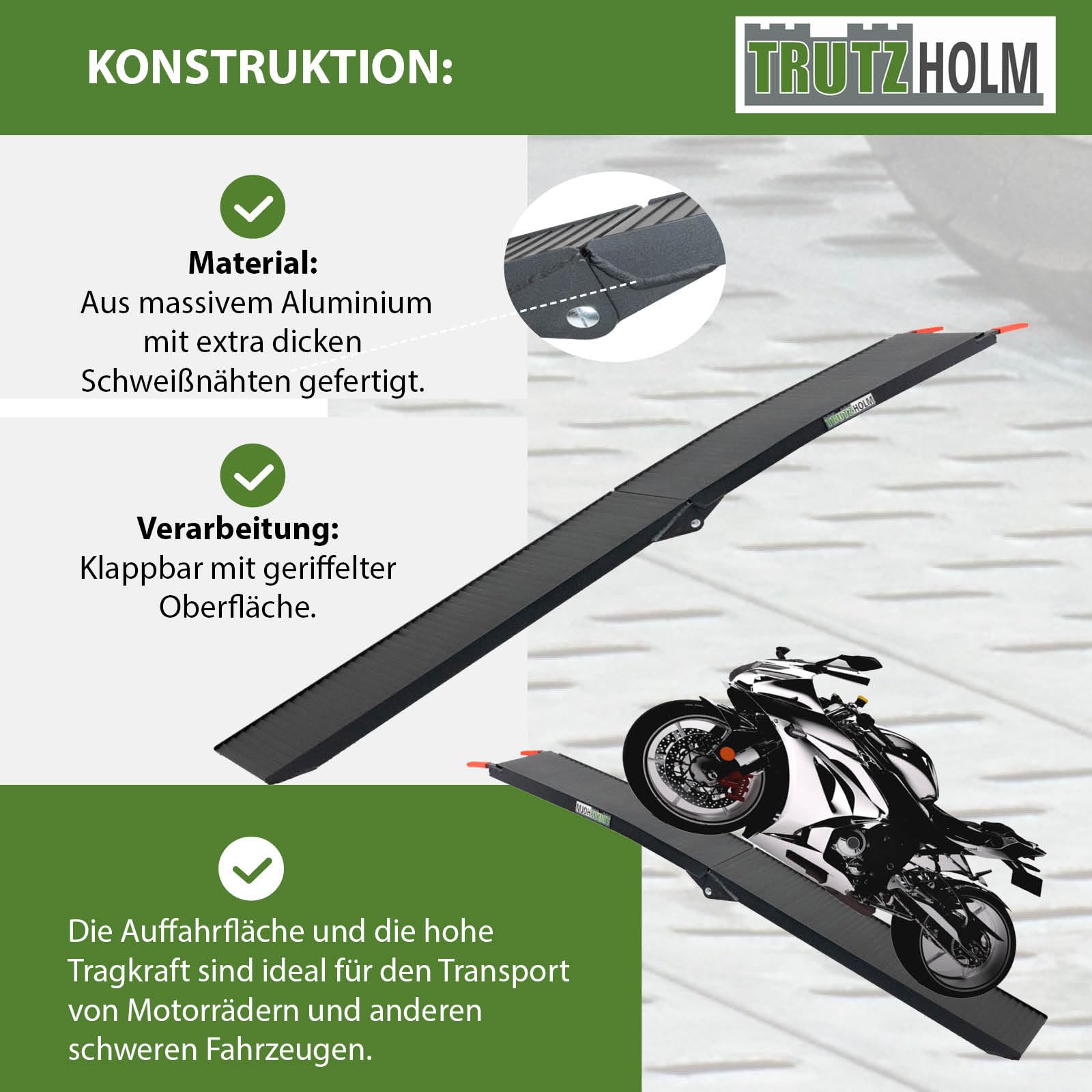 TRUTZHOLM 1x Auffahrrampe klappbar Aluminium Gesamtlänge 205 cm Traglast 340 kg geriffelte Oberfläche gummierte Auflage Rampe Motorradrampe Verladerampe inkl. Spanngurt in schwarz