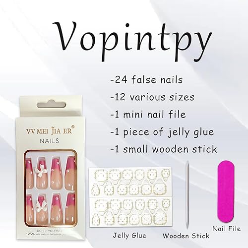 Miniatura 5 de Uñas postizas a presión con punta francesa color rosa, uñas largas de bailarina, con lazo de mariposa blanca, con diseño de perlas, brillantes,