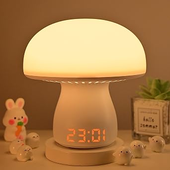 Mushroom Lamp with Clock, Cute Touch Bedside Table Lamps for Bedroom Living Room Decor, Small Portable Wireless Desk Lamp for Nightstand, Rechargeable Mushroom Night Light for Kids Adults Model A