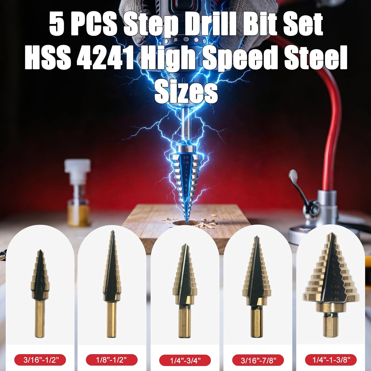 Step Drill Bits, 5PCS HSS Titanium Step Drill Bit Set, 50 Sizes High Speed Steel Step Bits with 118° Split Point, Metal Drilling Tools with Storage Case for Metal, Aluminum, Iron & Plastic