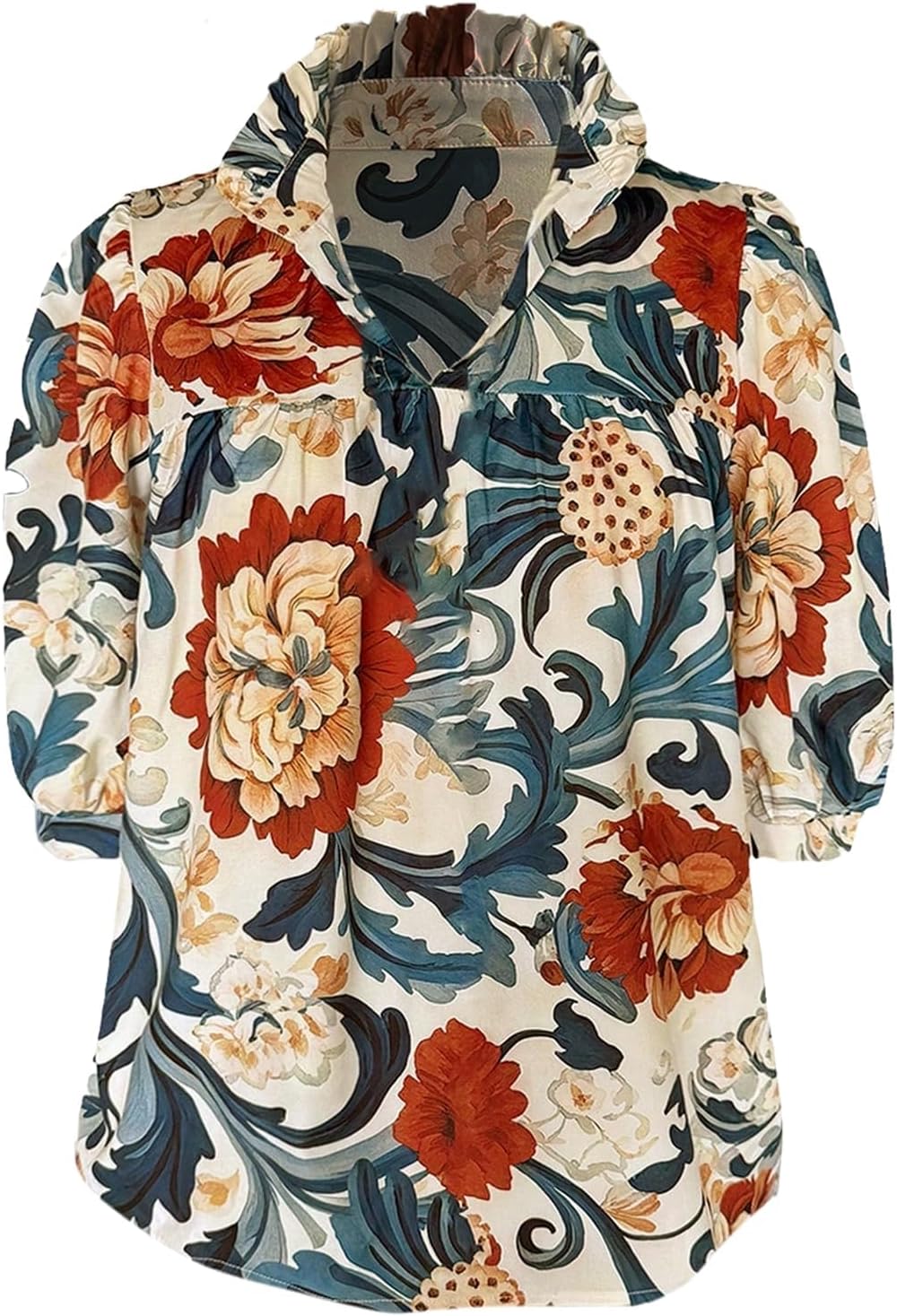 Verdusa Women's Floral Ruffle Collared Blouse Boho Vacation Half Sleeve Tunic Tops Fall Outfits