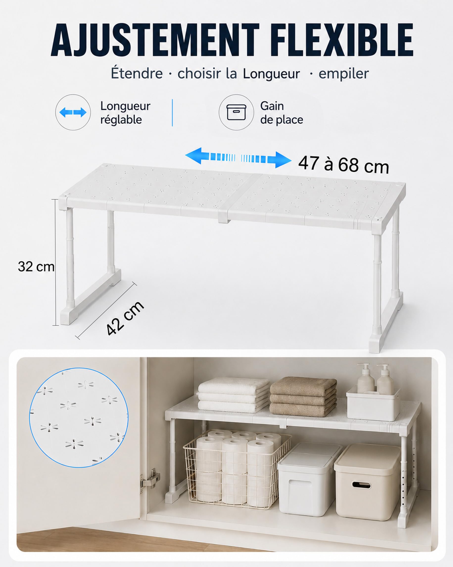 Extensible Séparateur Étagère pour Armoire, Étagère Penderie Extensible, Télescopique Étagères de Rangement Réglable pour Chambre, Salle de Bain, Cuisine, 47-68cm