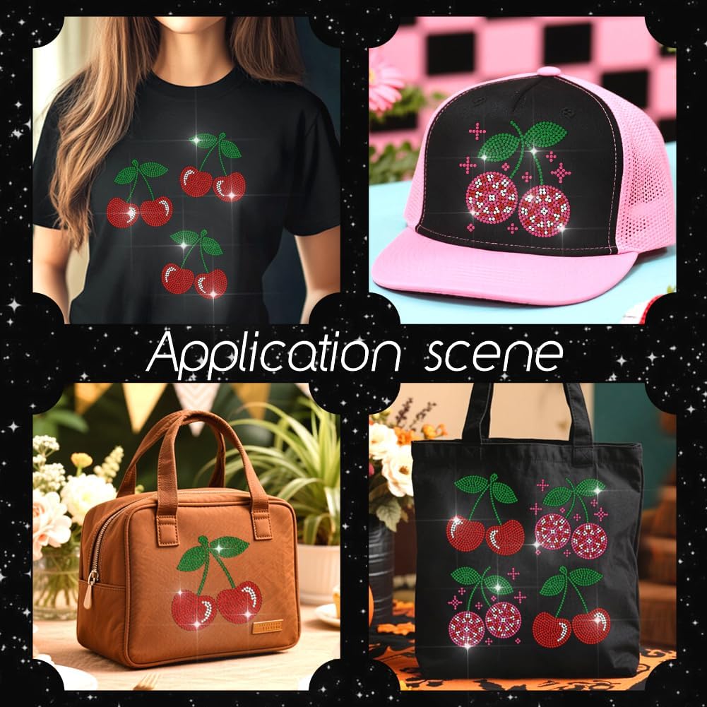 MAYJOYDIY Red Cherry Rhinestone Iron on Decal Fruits Crystal Hotfix Transfer Sticker Bling Clothing Repair Heat Transfer Applique for Clothing Repair T-Shirt Jacket Garment Bag DIY Decor