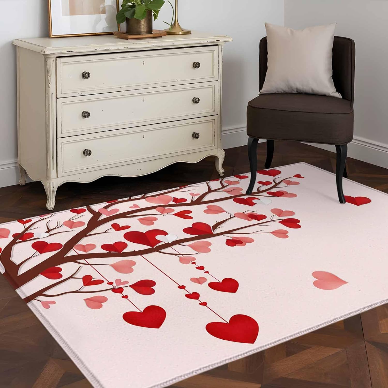 Valentine's Day 3x5 Area Rug for Kitchen Entryway Red Love Tree Heart Petal Pink Ombre Romantic Washable Entryway Rug Absorbent Non-Slip Indoor Carpet for Entrance Dining Room Home Office Decor