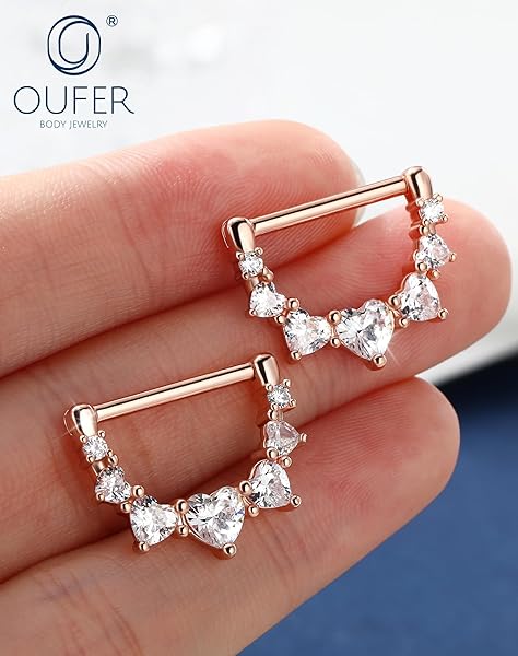 OUFER 14G 2 Pezzi Cuore Anelli per Capezzoli in Oro Rosa, Barrette per Capezzoli a Scatto in Acciaio Chirurgico 316L con Zirconia Cubica Trasparente Gioielli per Piercing in Argento da 14 mm per Donne - 2