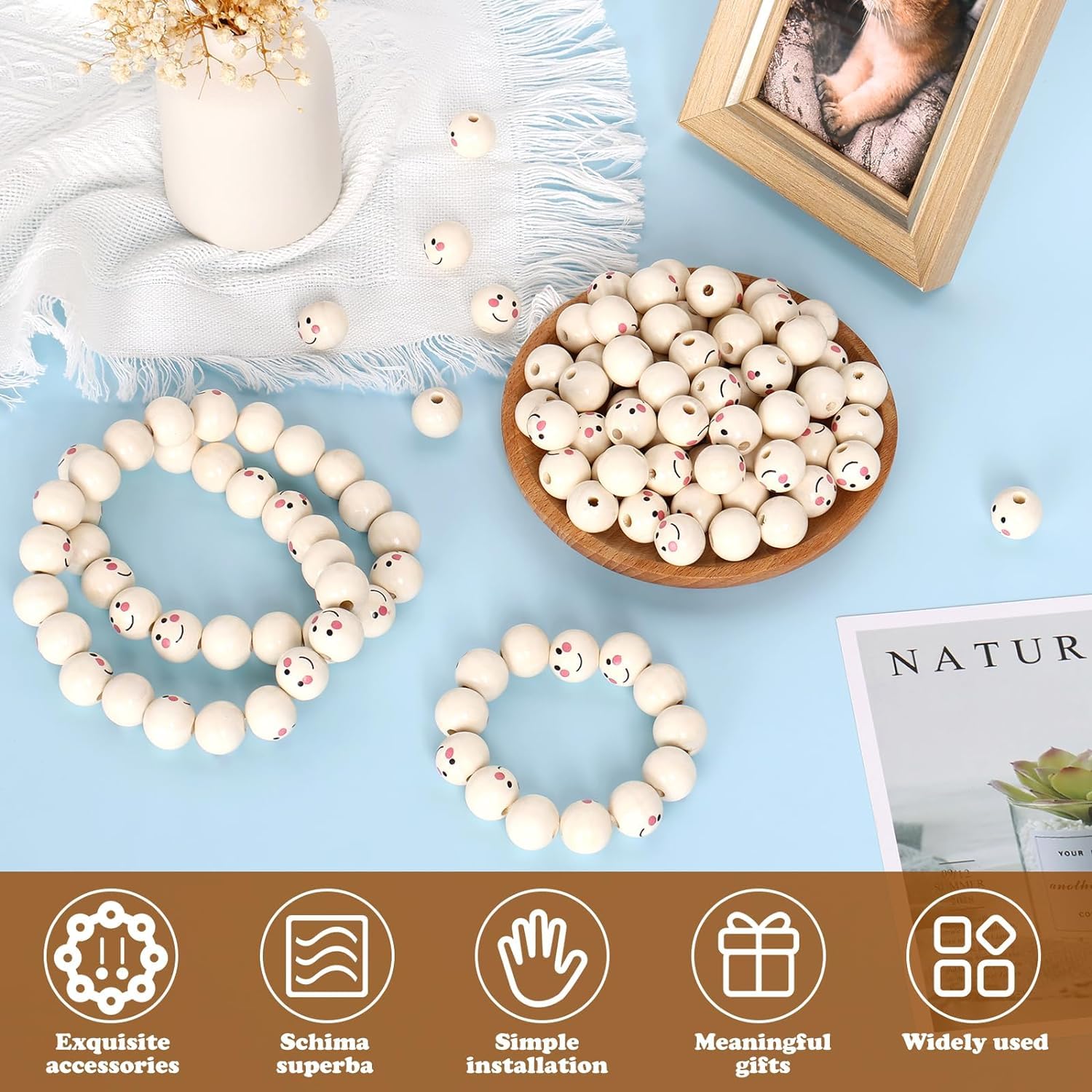 GHVACZS Lot De 119 Perles En Bois Avec Visage, 20 Mm, 6 Types De