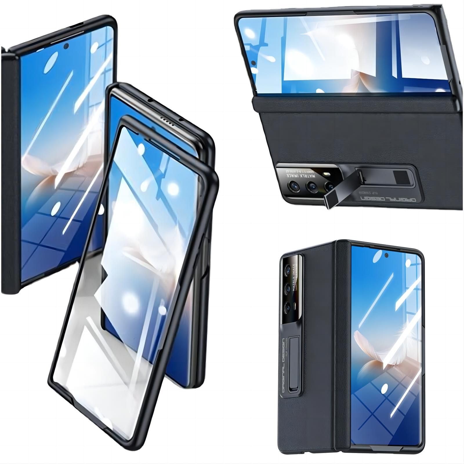 Coque pour Magic Vs2 Boîtier Cuir Texturé + Bracket + Hinge + Glass Film + Lens Cap,Slim Bumper Case étui pour Honor Magic Vs2(3)