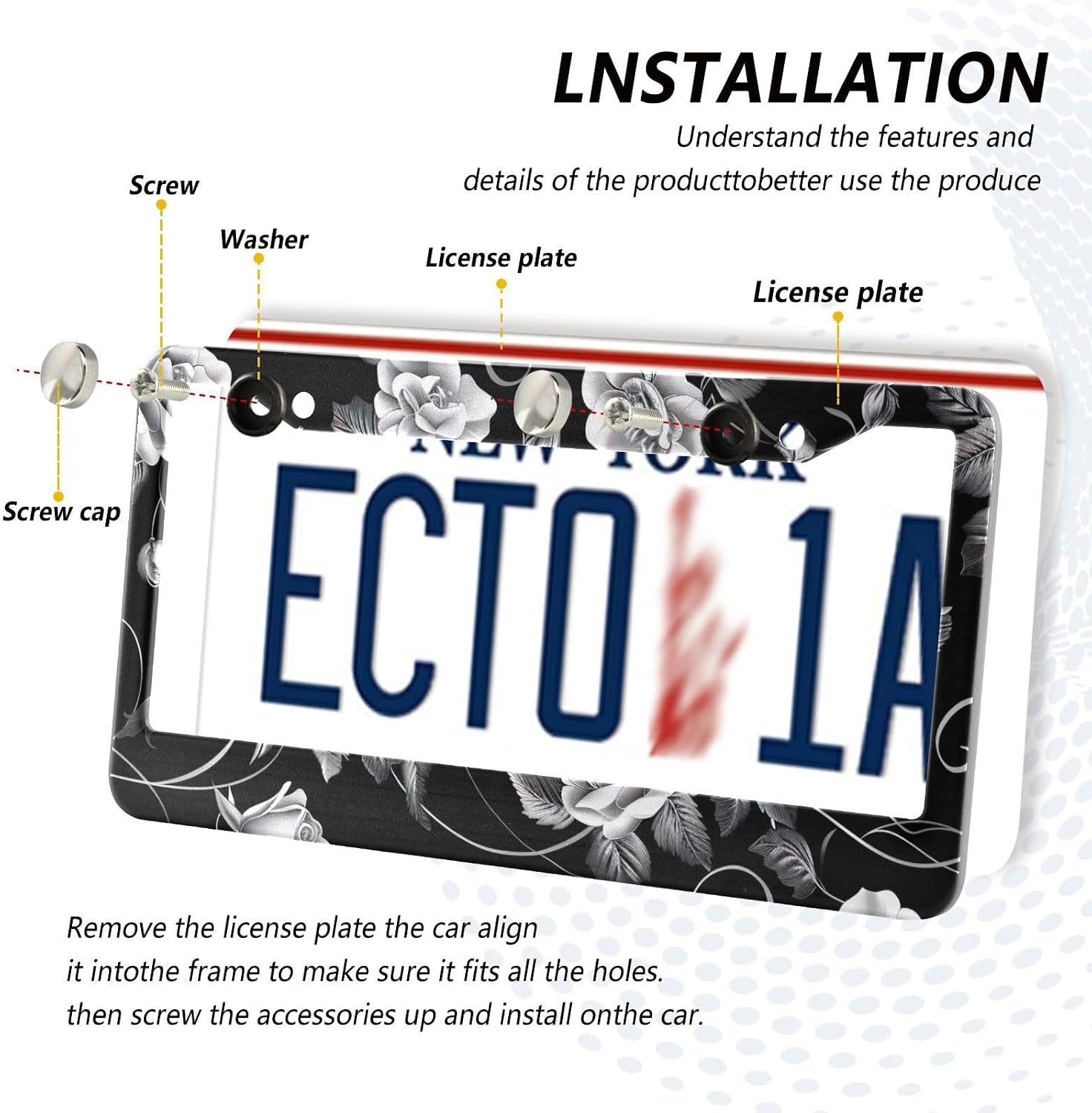 2PCS License Plate Frame Black White Roses Rust-Proof Aluminum License Plate Frames Vehicle Accessory for Easy Car Decoration, Universal Fit (Round Hole) image 4