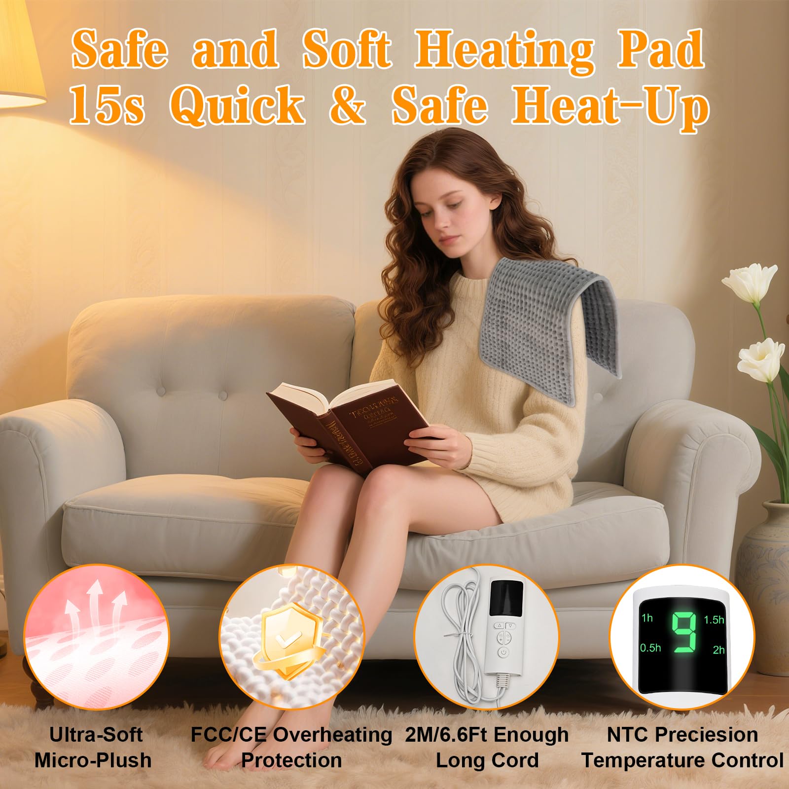 Coussin Chauffant Electrique, Ceinture Chauffante Lombaire avec 9 Niveaux de Chaleur et Chauffage Rapide, Protection Contre Surchauffe, Excellent Cadeau pour Papa et Maman (44x84cm)