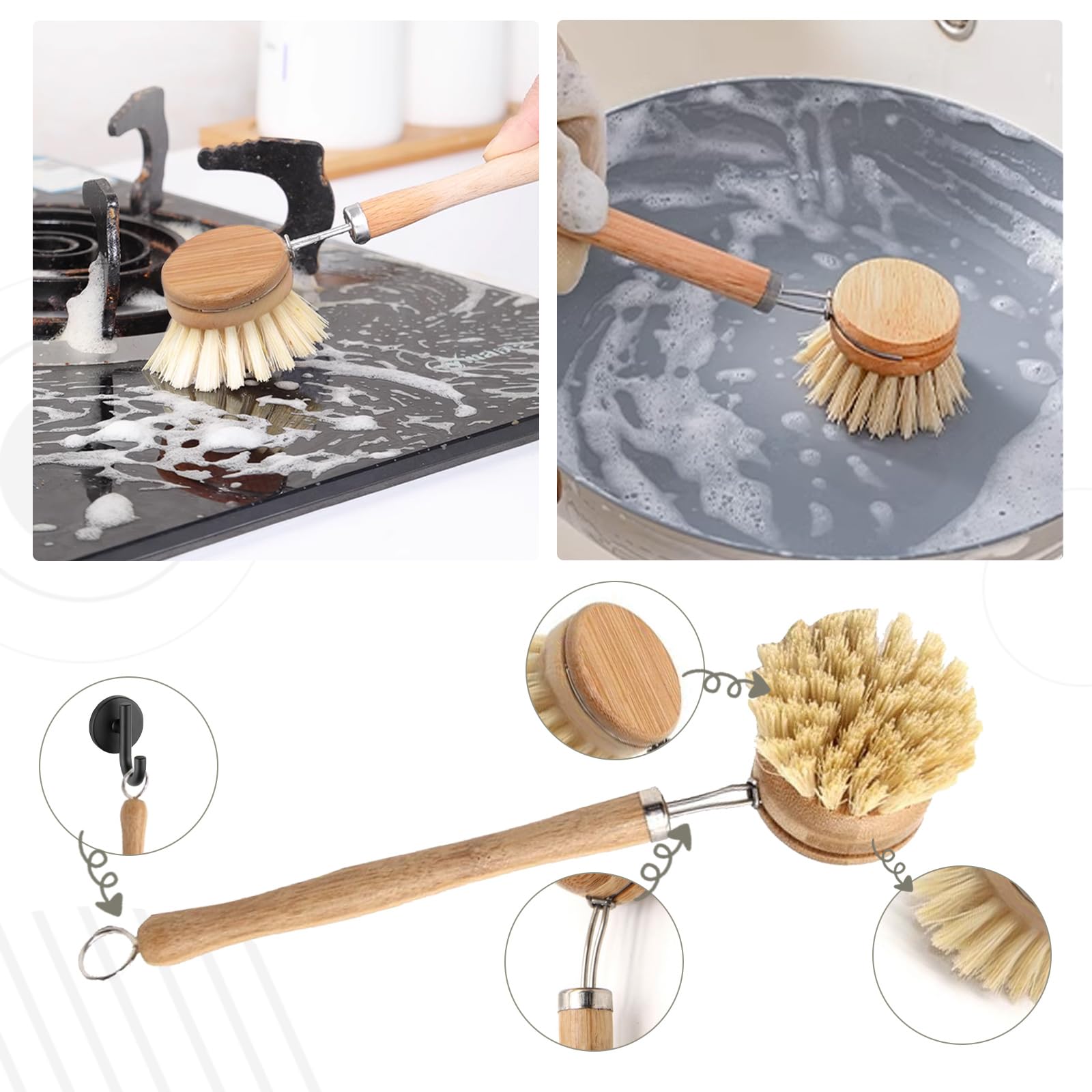 Lot De 3 Brosses à Vaisselle En Bois Avec Poils Naturels - Fabriqué En Allemagne, Têtes Interchangeables