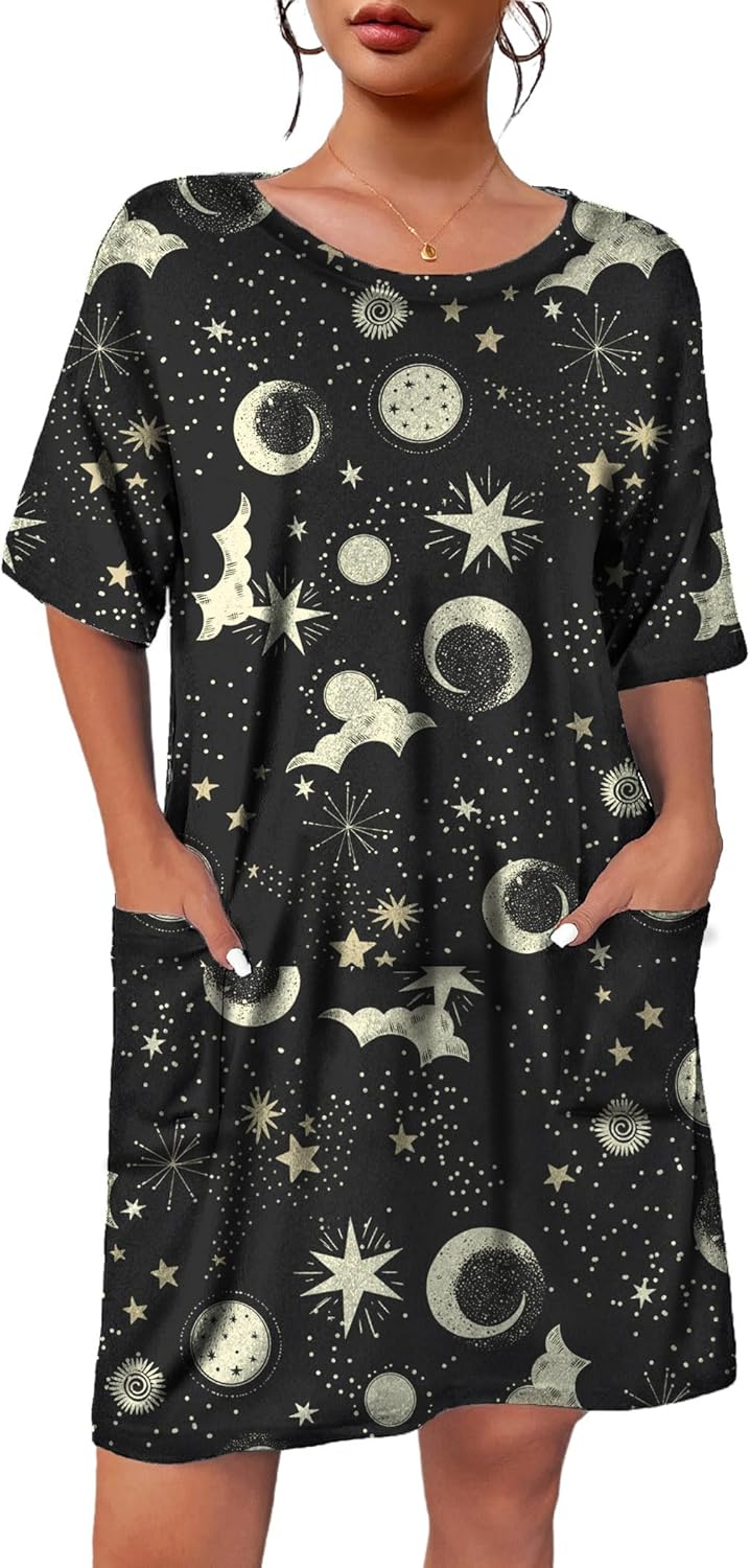 Ekouaer Sleep Shirts for Women Nightgown Short Sleeves T shirt Night Dress Round Neck Womans Nightgown with Pocket S-XXL Black Moon Star Medium