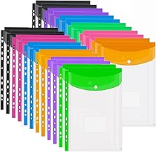 ASelected Lot de 24 Pochettes Plastiques A4 Extensibles Pour Dossiers, 6 Couleurs Transparentes Avec Fermeture à Pression et Pochette Pour Etiquette
