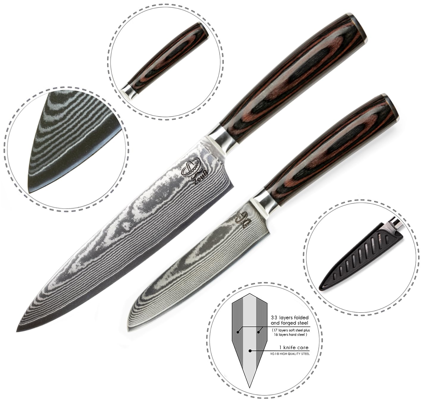 Set di 2 coltelli damascati (32 cm e 24 cm) certificati 62 HRC in acciaio damascato a 67 strati, set di coltelli da cucina damascato con coltello da chef, coltello Santoku, pietra abrasiva