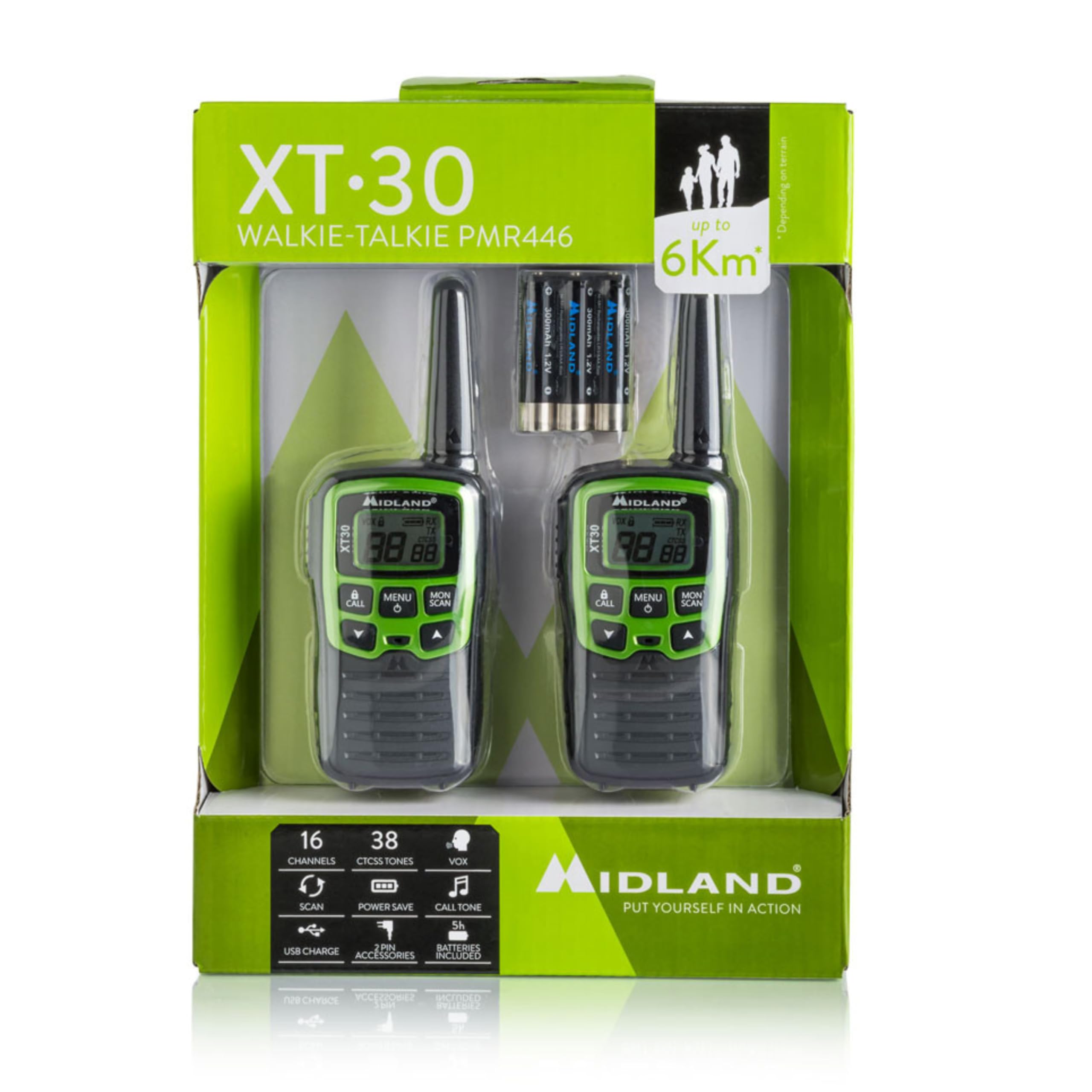 Midland XT30 PMR-Funkgerät mit Akku & Ladekabel, 6 km Reichweite, 16 Kanäle, VOX-Funktion, Walkie Talkies mit hervorragender Sprachqualität, Paar, grün