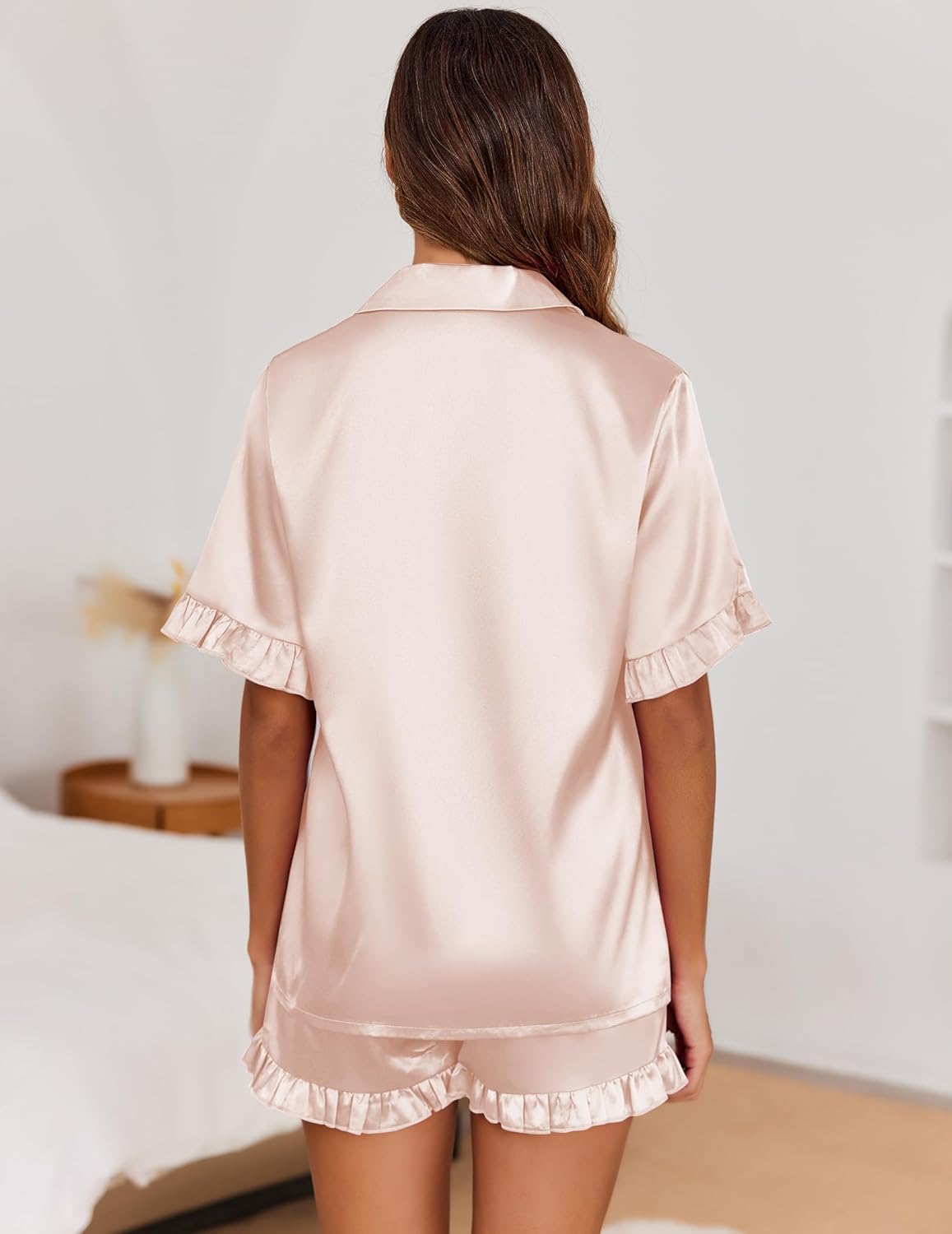 Ekouaer Satin Pajama Set for Women Button Down Silk 2 Piece Pj Sets Ruffle Short Sleeve Sleepwear - Image 3