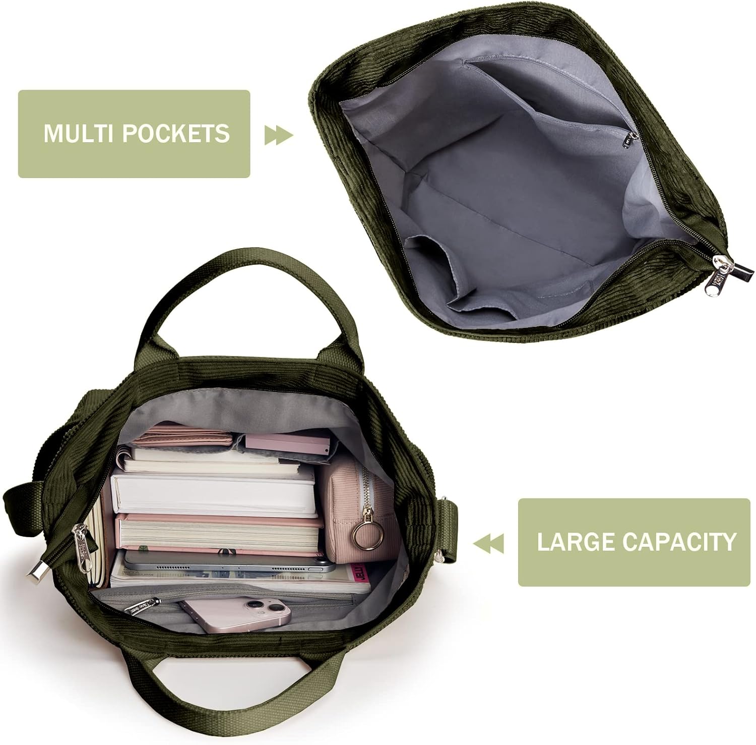 KALIDI Corduroy Tote Bag, Large Messenger Bag Shoulder Hobo Anti Splash Crossbody Zipper Bag Casual Work Shopping Women - Image 5