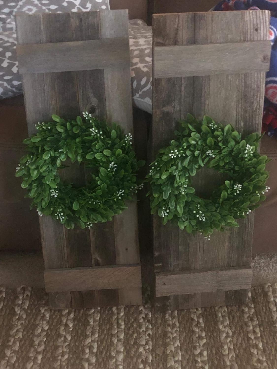 2 Packs Artificial Green Leaves Wreath - 11 inch Artificial Boxwood Wreaths with White Flower for Window Wall Wedding Decor - Image 6