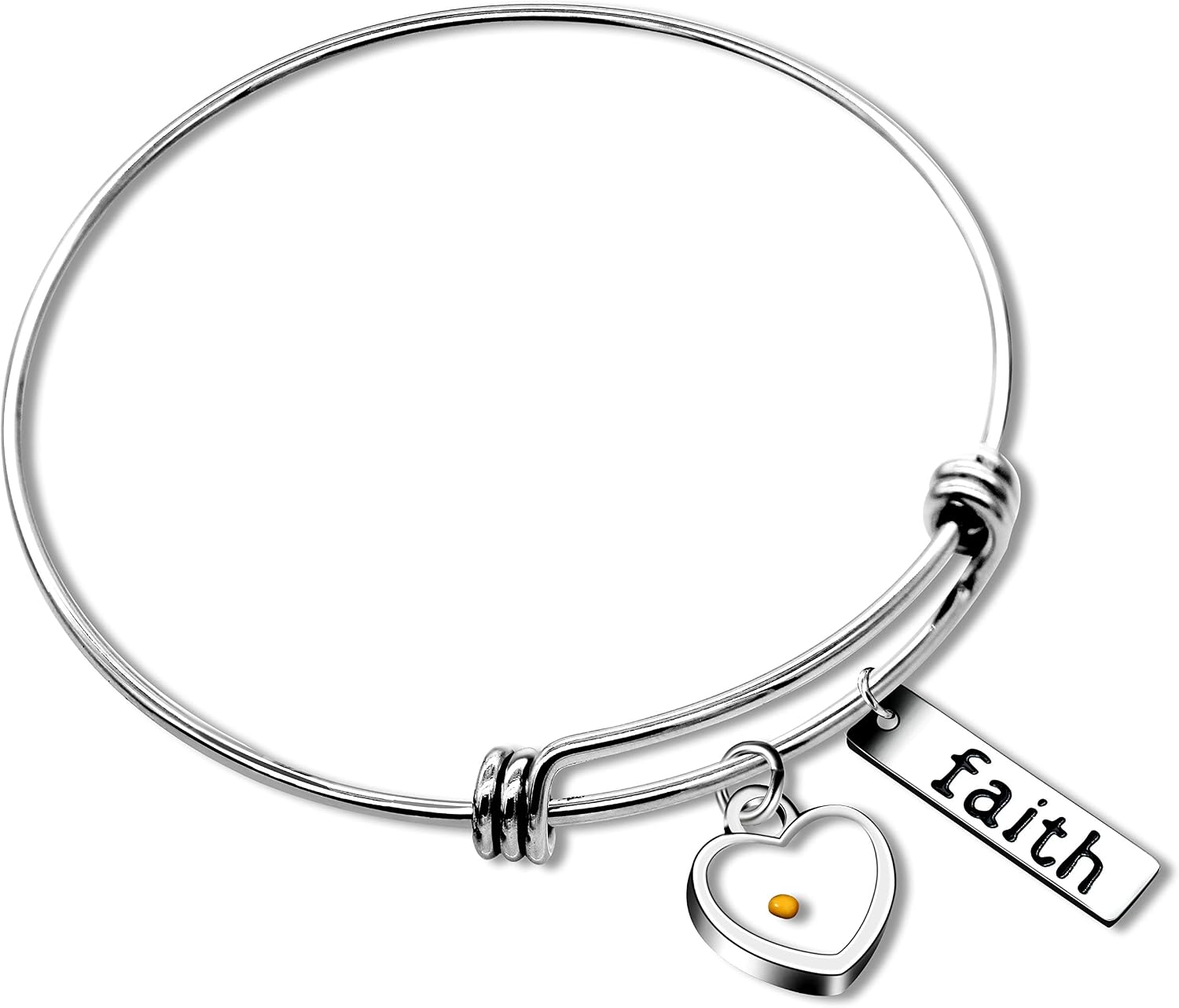 Tobestu YA4995 - Bracciale rigido regolabile in acciaio inossidabile placcato platino/oro, con ciondolo a forma di semi di senape e targhetta della fede, gioiello ispiratore cristiano da donna