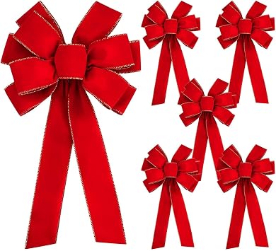 Iceyyyy 6 PCS Large Christmas Bow - 30.7" x 10.6" Christmas Valentines Day Golden Edged Red Velvet Wreath Bow Christmas Tree Topper Ornament Bow for Christmas Home Wreath Tree Decoration