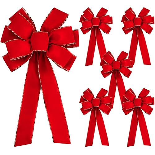 Iceyyyy 6 PCS Large Christmas Bow - 30.7" x 10.6" Christmas Valentine's Day Golden Edged Red Velvet Wreath Bow Christmas Tree Topper Ornament Bow for Christmas Home Wreath Tree Decoration
