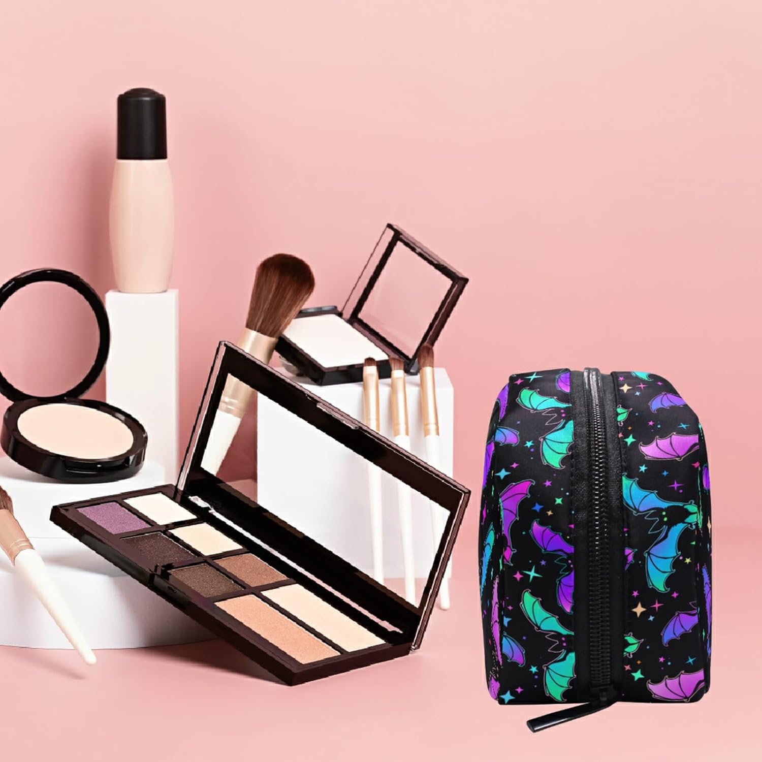 MNSRUU Small Cosmetic Bag for Girl Women Travel, Halloween Luminous Bats Makeup Toiletry Organizer Bags with Compartments - Image 4