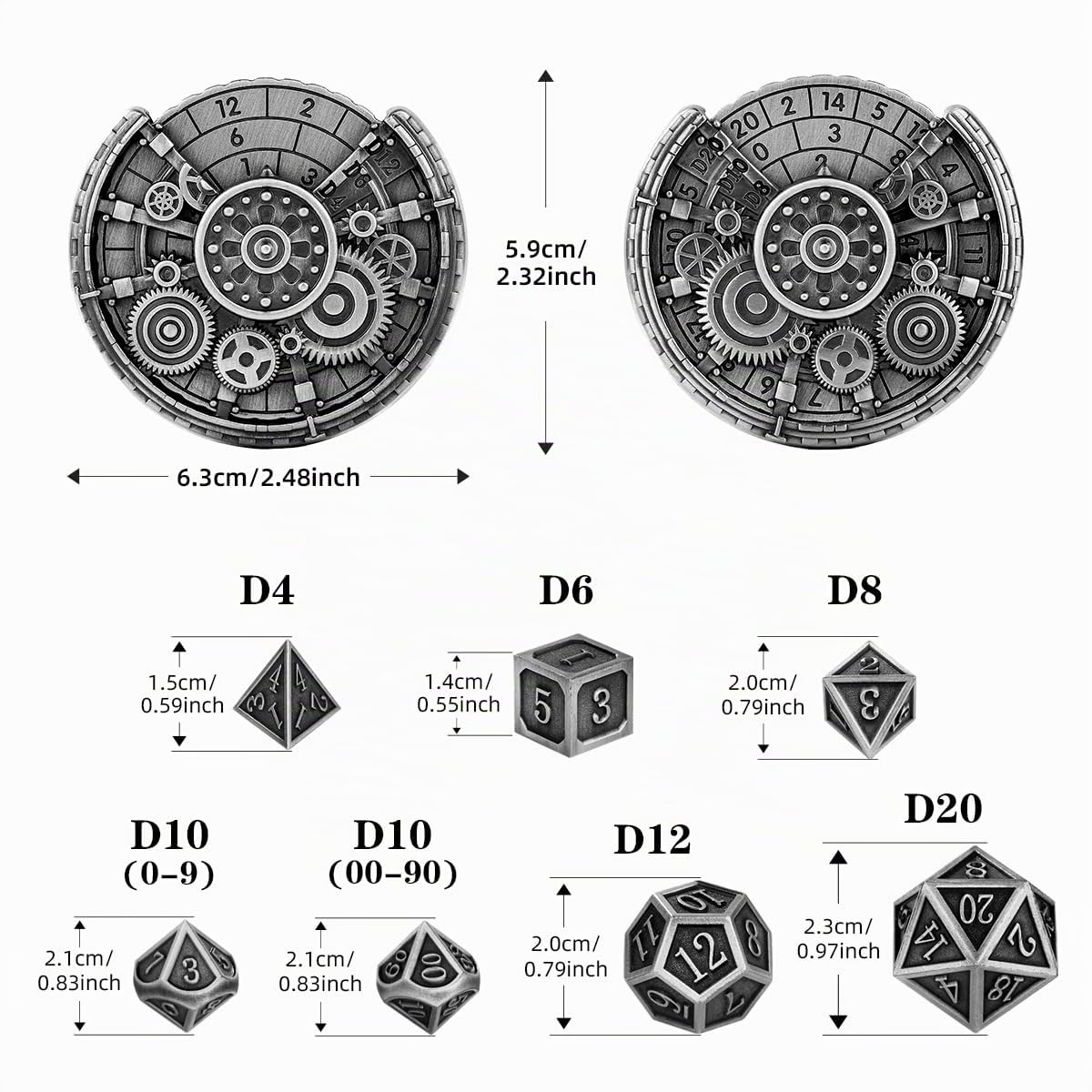 Set di Roulette Dadi in Metallo D&D, 6-in-1 Dado Ingranaggio Spinner + 7 Dadi Poliedrici in Metallo DND, Regalo D&D con Scatola Regalo, Giochi da Tavolo, Accessori per Giochi di Ruolo, Argento Scuro