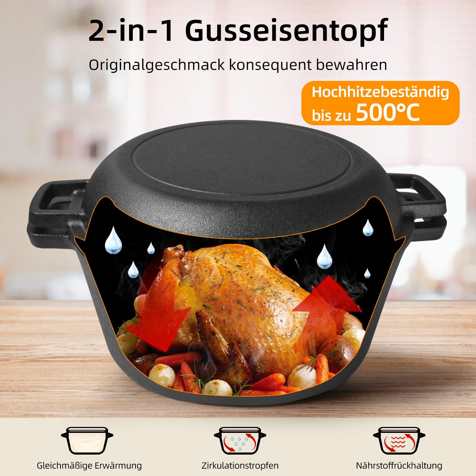 Casserole en fonte de 4,5 l - Couvercle tout-en-un - Idéale pour la cuisson du pain, le ragoût et la cocotte - Compatible avec induction, gaz, camping, feu, barbecue et barbecue - 26 cm (26 cm)