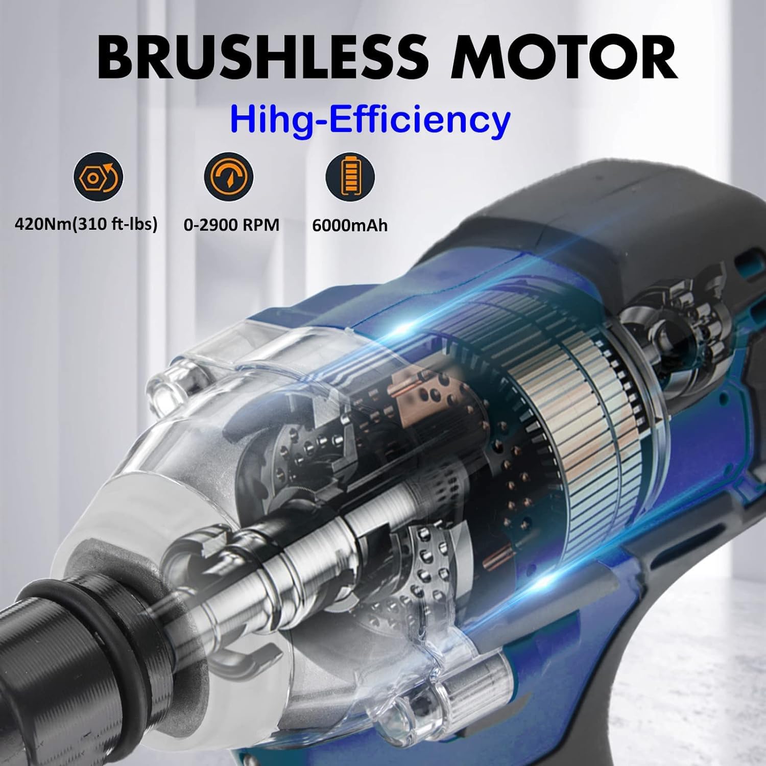 Clé à Chocs Sans Fil Brushless pour Réparation de Voiture, 420Nm Boulonneuse Electrique avec 2x Batteries 6,0Ah 21V, Pistolet à Écrou de Roue, Clé Électrique avec 4 Douilles+12 Embouts de Pilote, Bleu