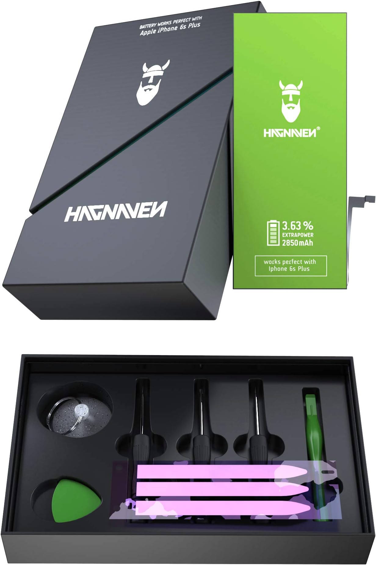 Hagnaven® Li-ion battery compatible with Apple iPhone 6s plus The most powerful replacement battery with premium tools 2850 mAh unbeatable power and pure strength High-end quality accumulator cells