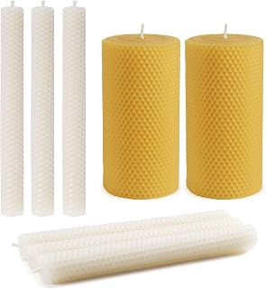 3x6 Inch Hand-Rolled Beeswax Pillar Candles 2 Pack and 8 Inch Beeswax Taper Candles 6 Pack