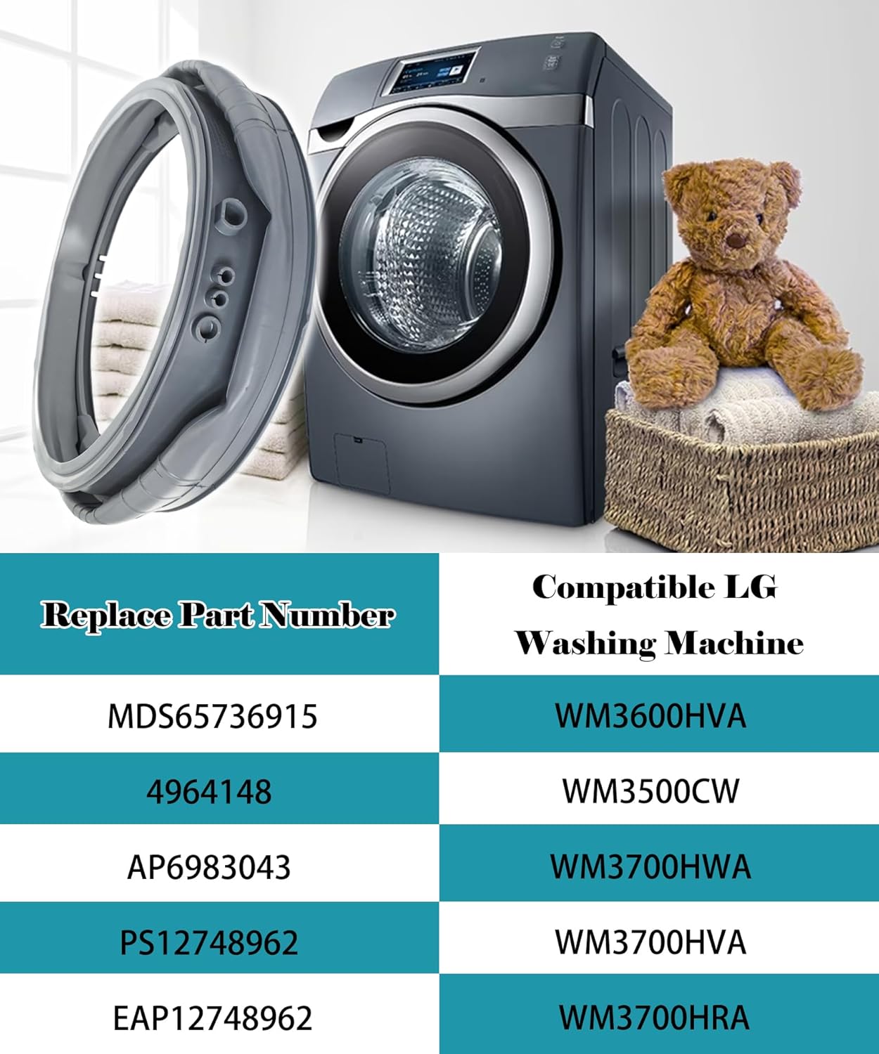 MDS65736915 Washer Door Boot Gasket Compatible with LG Washer Door Seal WM3500CW WM3700HVA WM3700HWA WM3400CW WM3700HRA