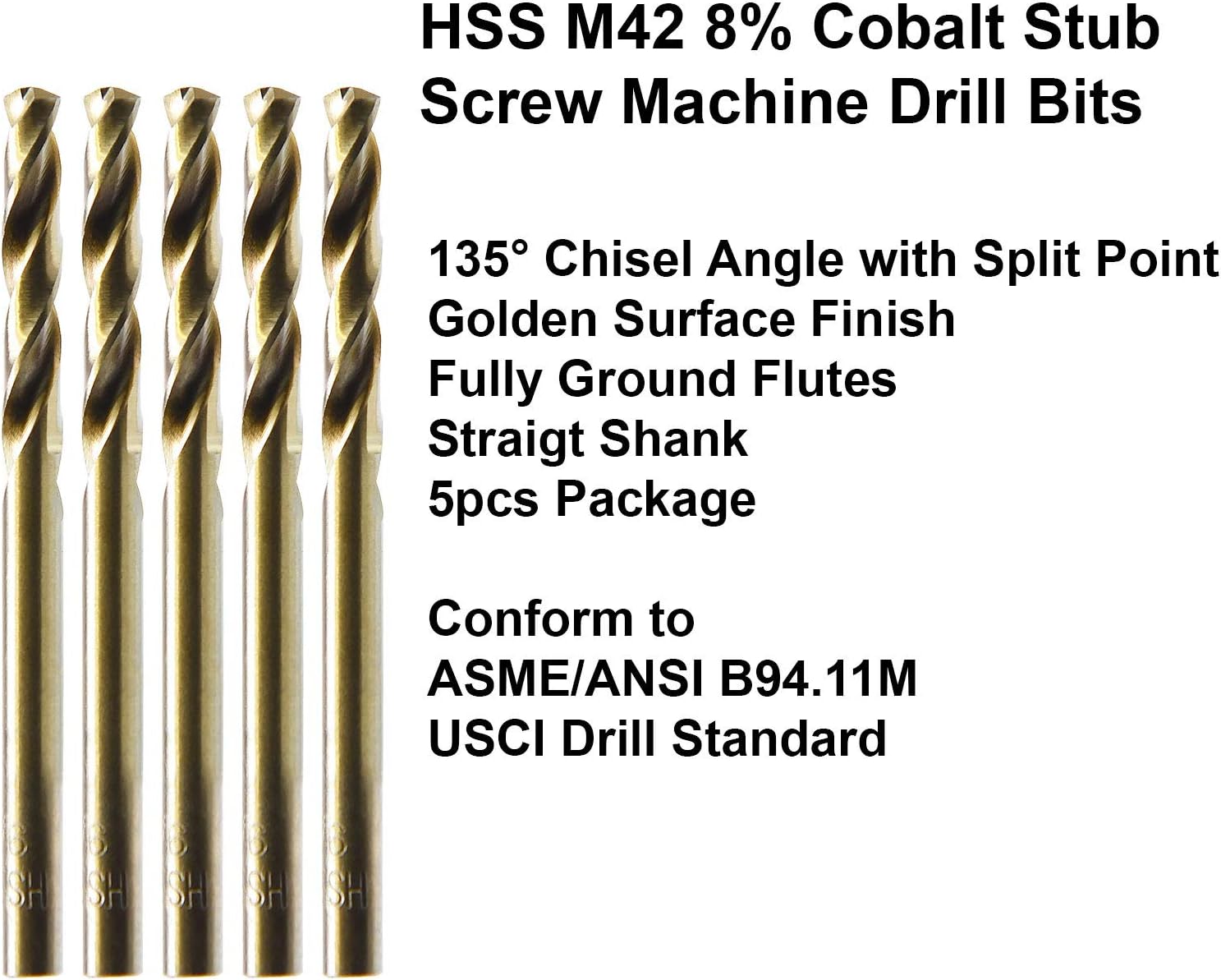 MAXTOOL 11/64" 5pcs Identical Screw Machine Drills HSS M42 Cobalt Twist Stub Drill Bits Fully Ground Golden Straight Shank Short Drills; SMF42G10R11P5