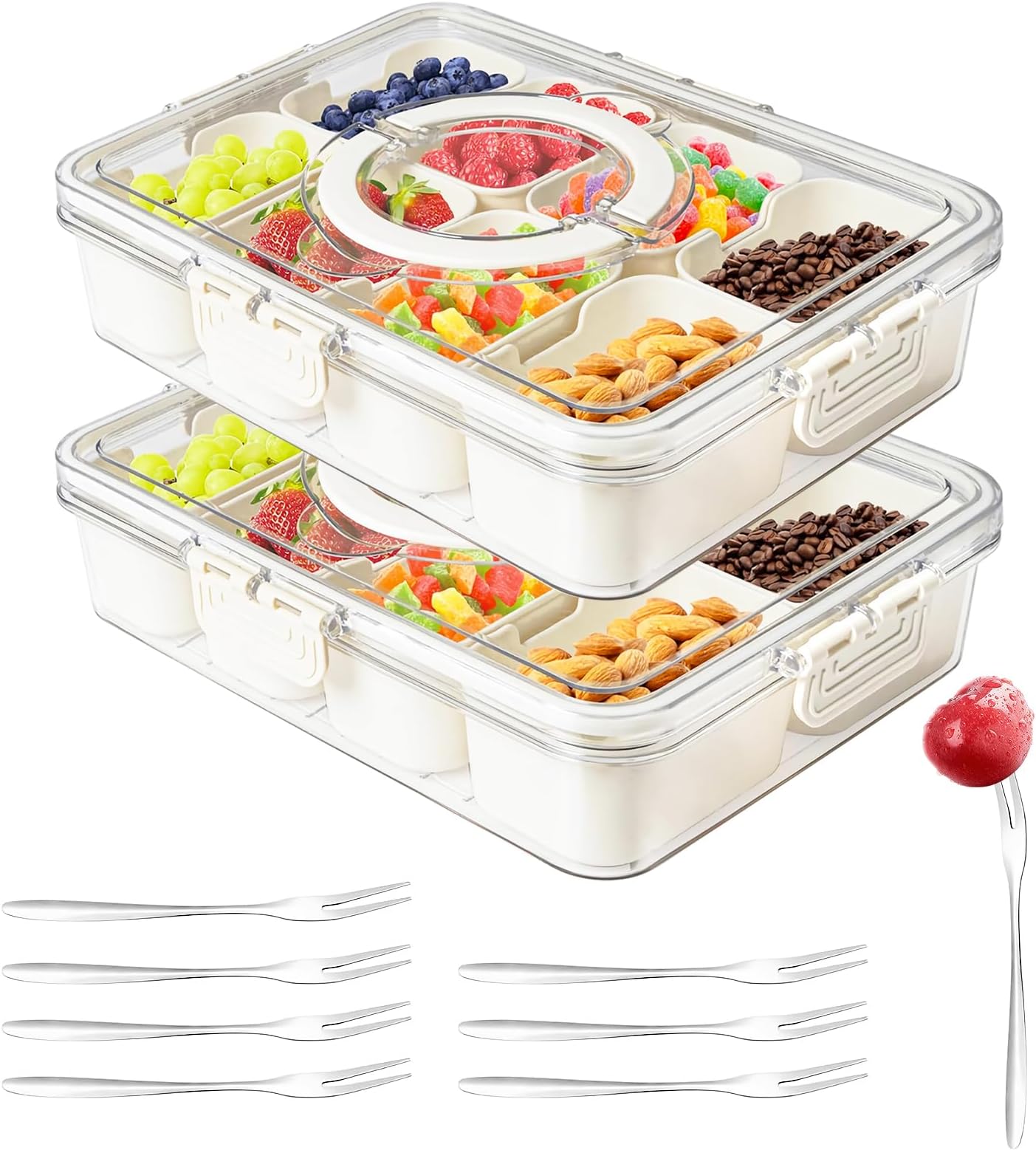 Snackle Box Container,Portable Snack Box 8 Compartment Divided Serving Tray with Lid and Handle,Clear Storage Organizer for Fruit Candy Nuts Veggie-Perfect for Road Travel Party（2 Pack）
