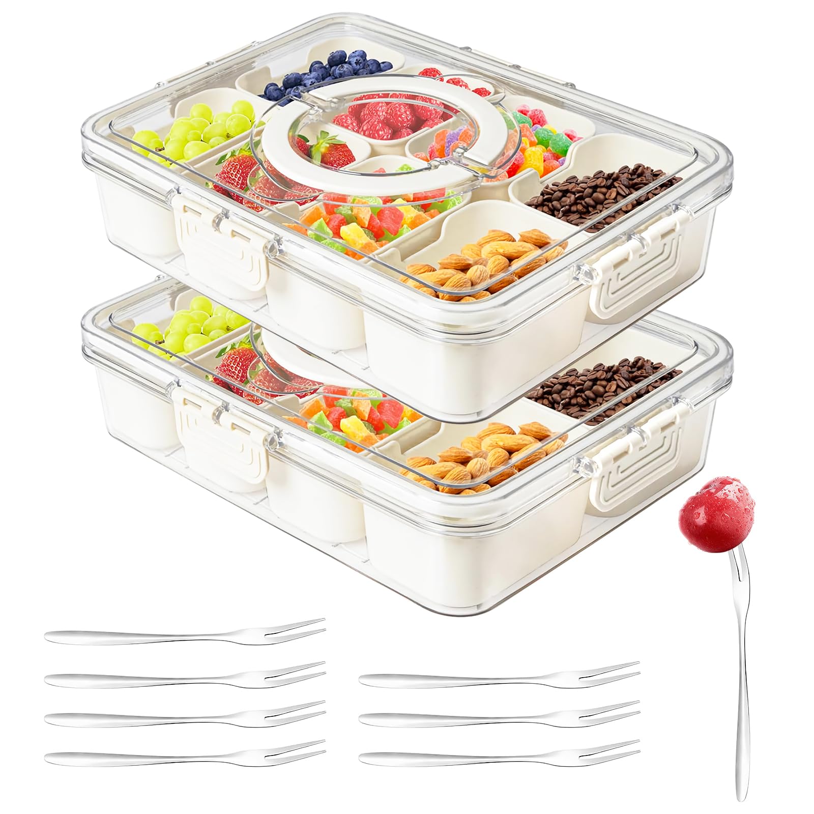 Snackle Box Container,Portable Snack Box 8 Compartment Divided Serving Tray with Lid and Handle,Clear Storage Organizer for Fruit Candy Nuts Veggie-Perfect for Road Travel Party（2 Pack）