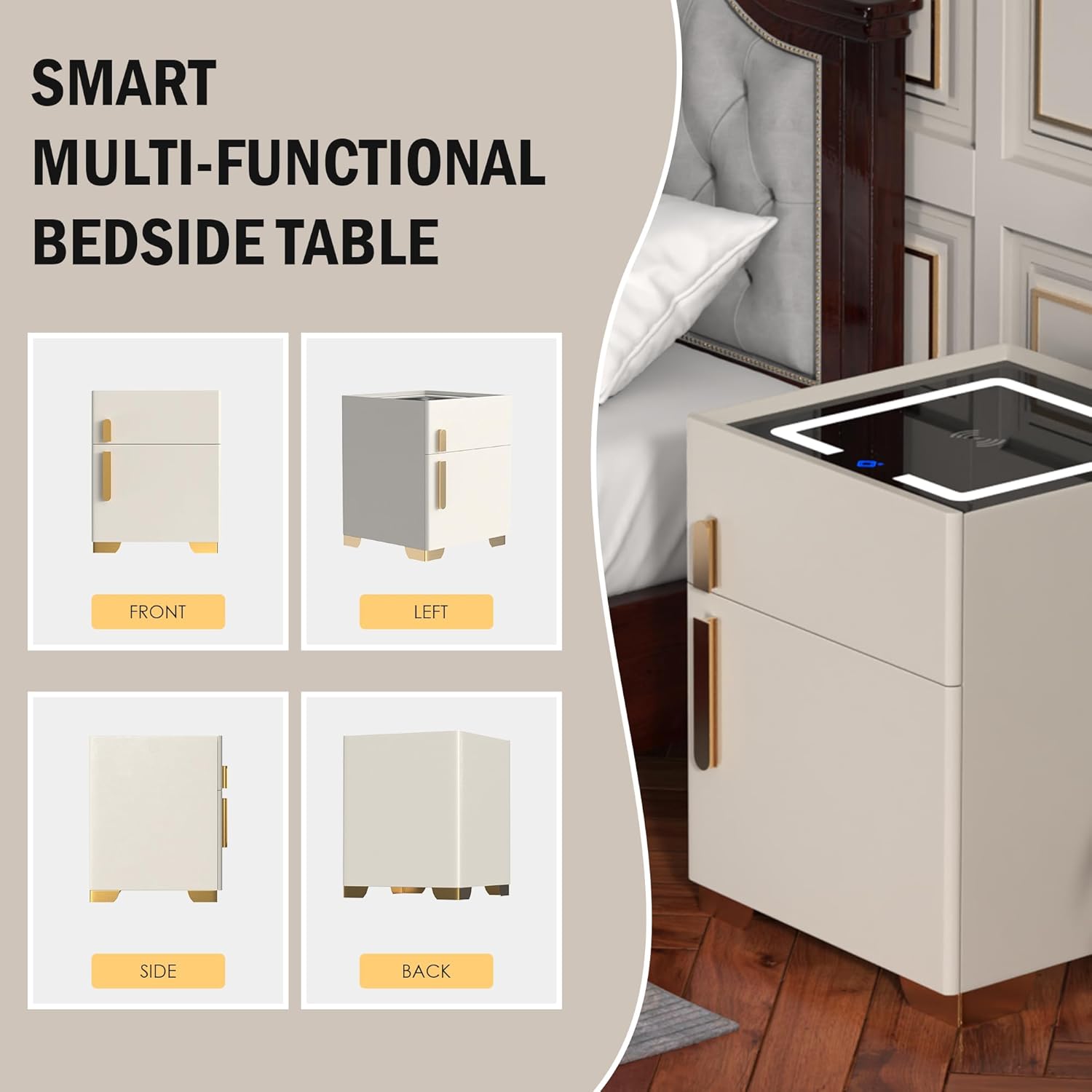 Smart Nightstand with Safe, Multifunction LED Nightstand Modern End Table with 3 Color LED, Wireless Charging Station Bedside Table for Bedroom