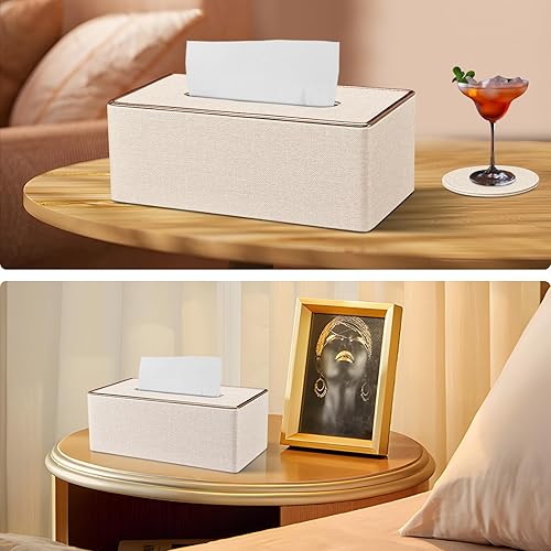 Miniatura 3 de Kleenex - Funda rectangular para caja de pañuelos, funda de caja de pañuelos rectangular, soporte Kleenex de piel sintética con 4 posavasos - Beige