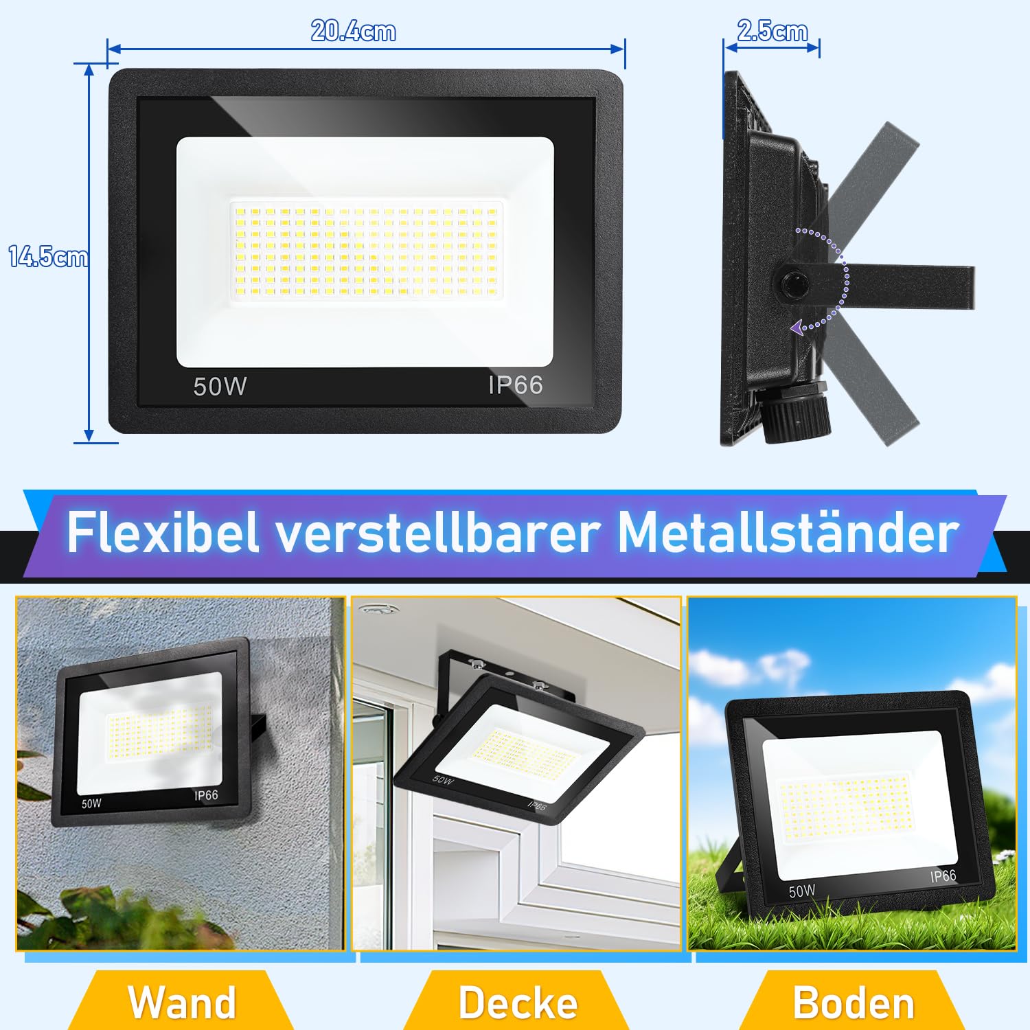Herrselsam LED Strahler, 10x50W LED Fluter Dimmbar, 4600 Superhell Flutlichtstrahler, IP66 Wasserdicht 3 Farbtemperatur 3000K/4000K/6500K Außenstrahler (kein Stecker)