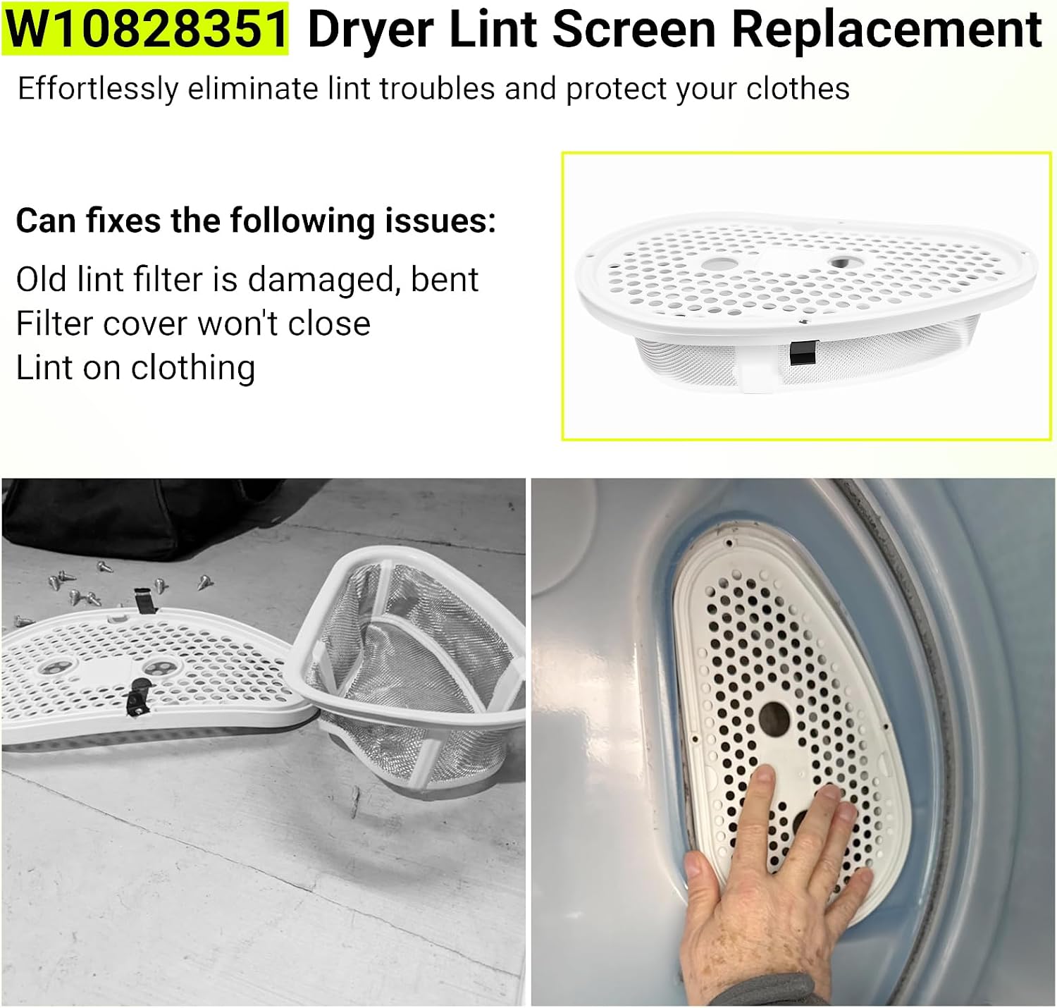W10828351 Dryer Lint Filter Screen and Cover Compatible with Kenmore Whirlpool Washer/Dryer Lint Trap Replaces 8531967 8531964 W10812395 PS11726200 8531964, Dryer Lint Screen Replacement