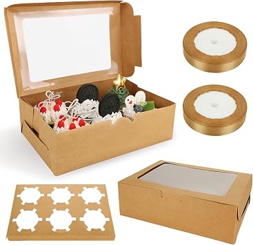 50 Pack Kraft Cupcake Boxes 6 Hole, 24 x 16 x 7.5cm Cup Cakes Boxes with 2 Rolls Ribbon, Bulk Cardboard Cupcake Box with Clear Window, Brown Cupcake Container for Cookie Muffin