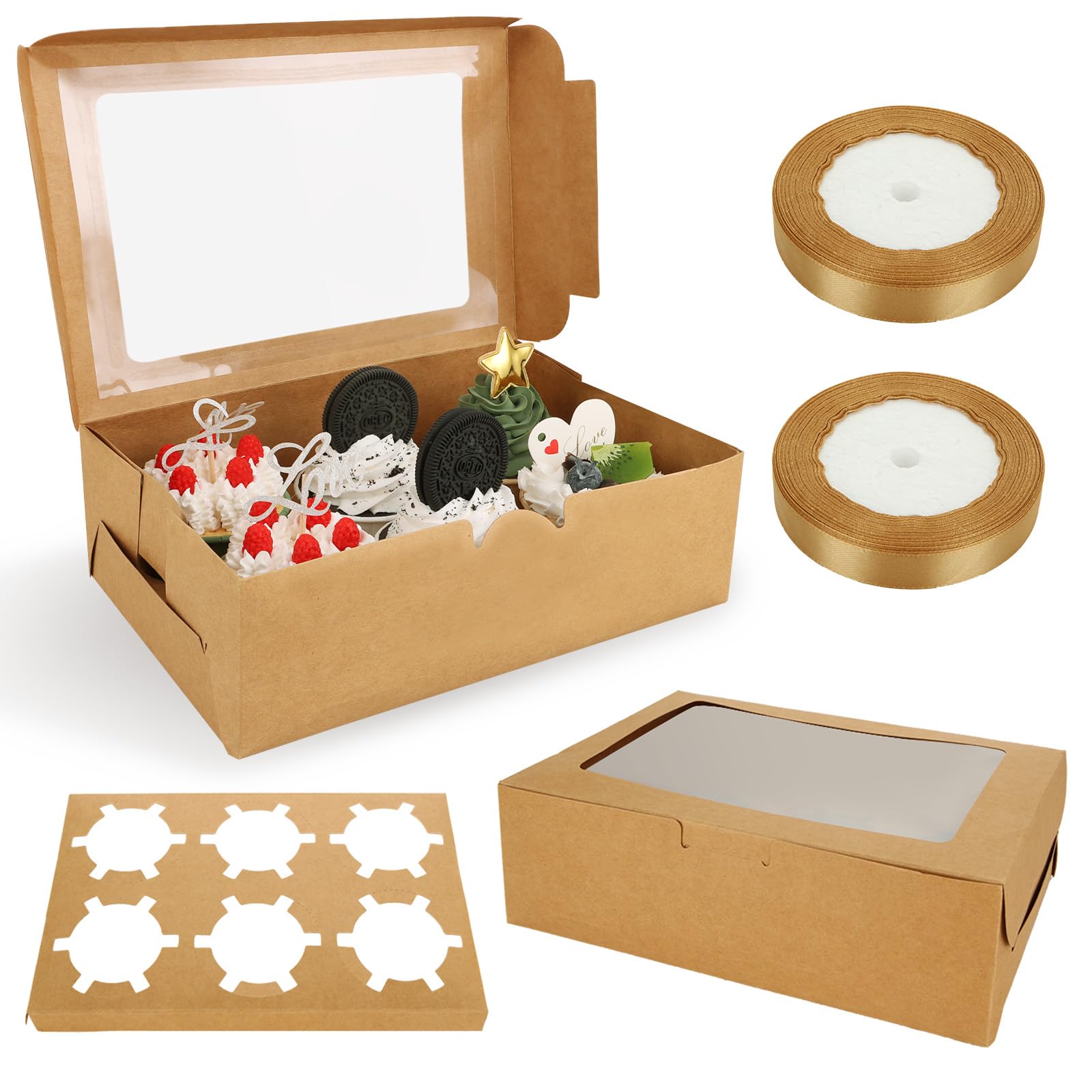 ZOFUN 50 Pack Kraft Cupcake Boxes 6 Hole, 24 x 16 x 7.5cm Cup Cakes Boxes with 2 Rolls Ribbon