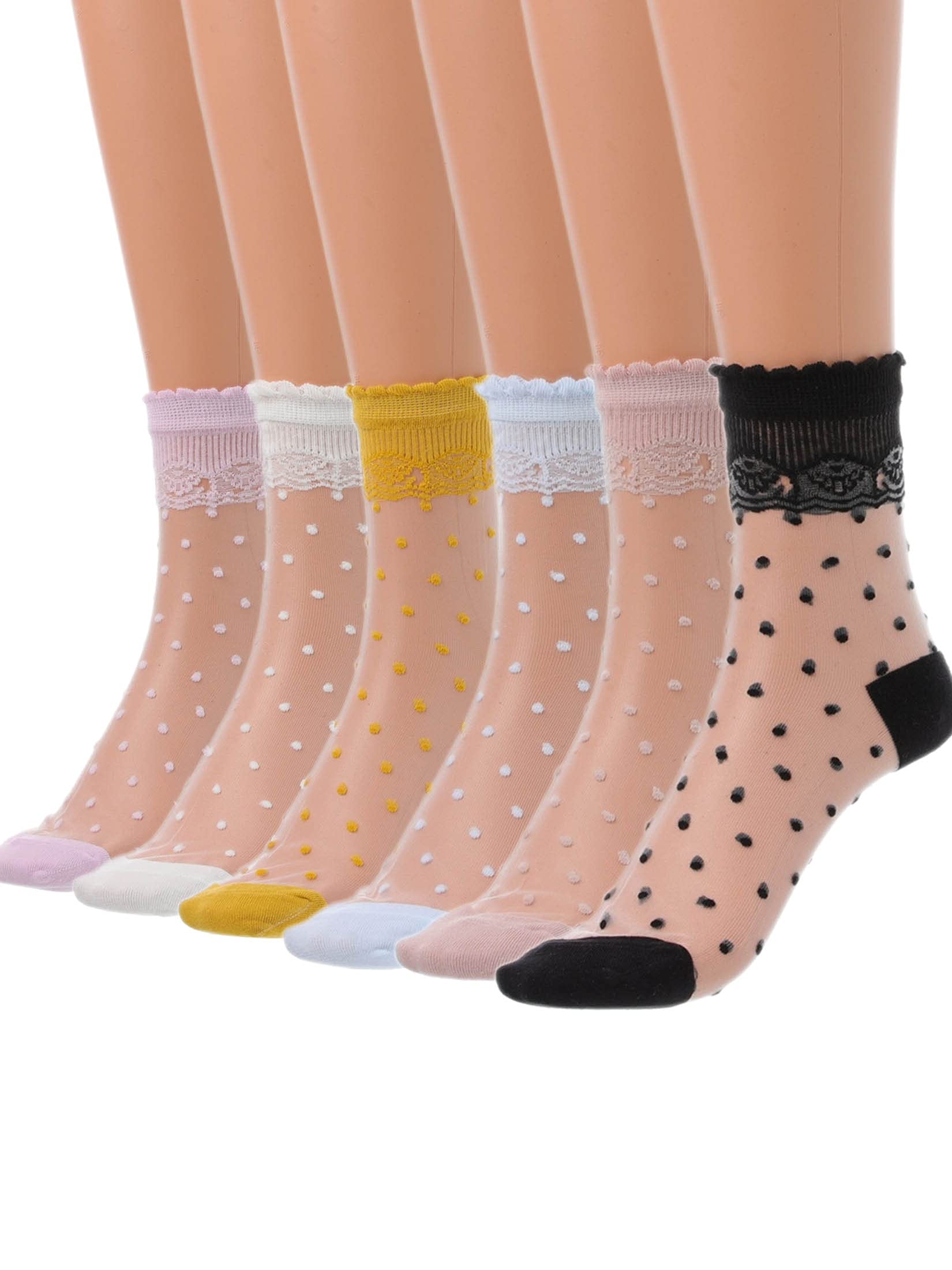 IYOU Wave Point Sheer Socks Yellow Ultrathin See through Socks Breathable Outdooor Ankle Casul Socks for Women and Girls(6 Pairs)