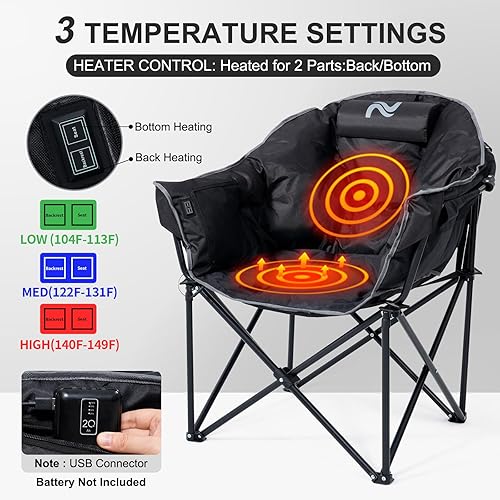 Miniatura 3 de ABORON Silla de camping con calefacción de gran tamaño, silla climatizada plegable acolchada para exteriores con bolsillo lateral, asiento